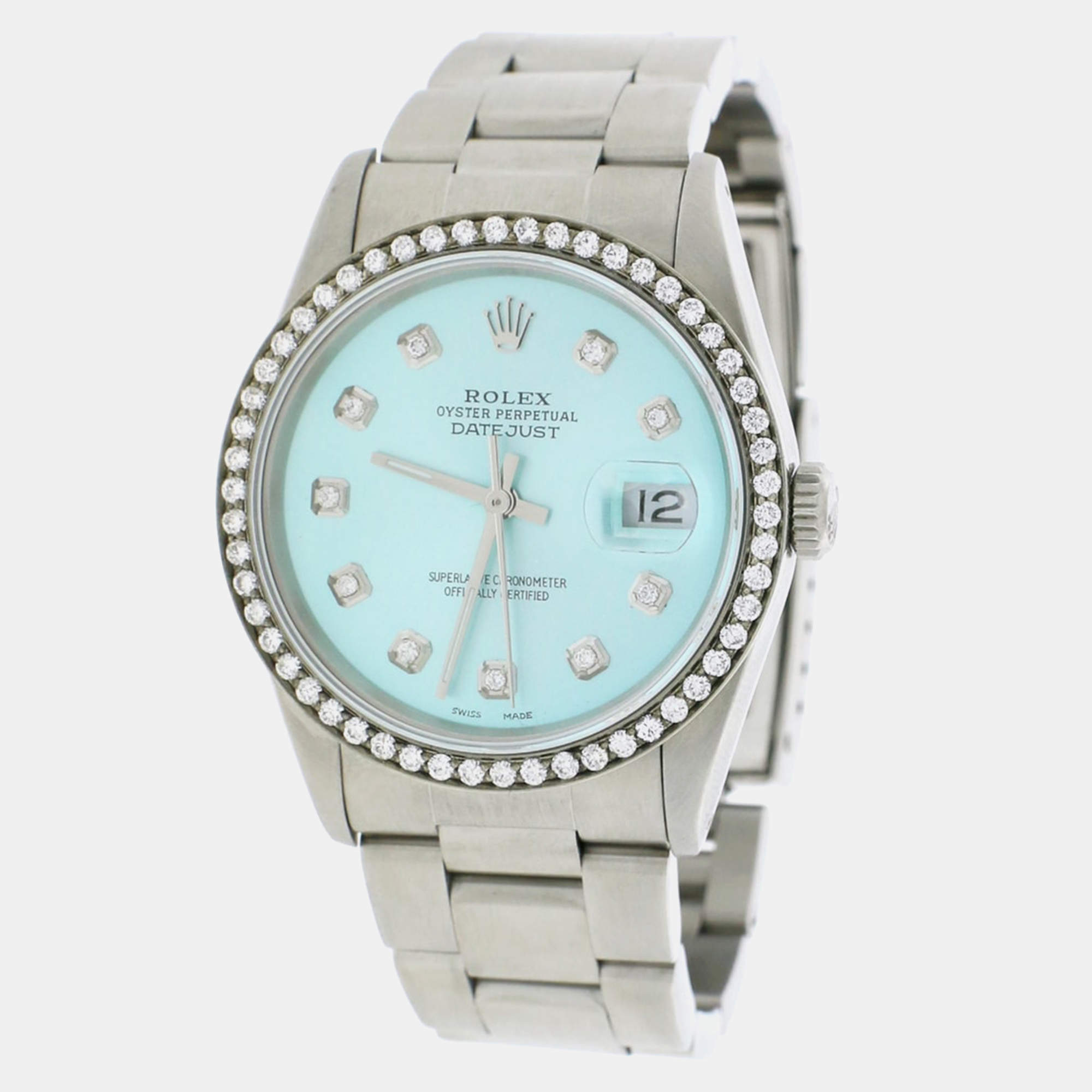 Rolex Customised Ice Blue Diamond Stainless Steel Datejust  Automatic Men's Wristwatch 36MM