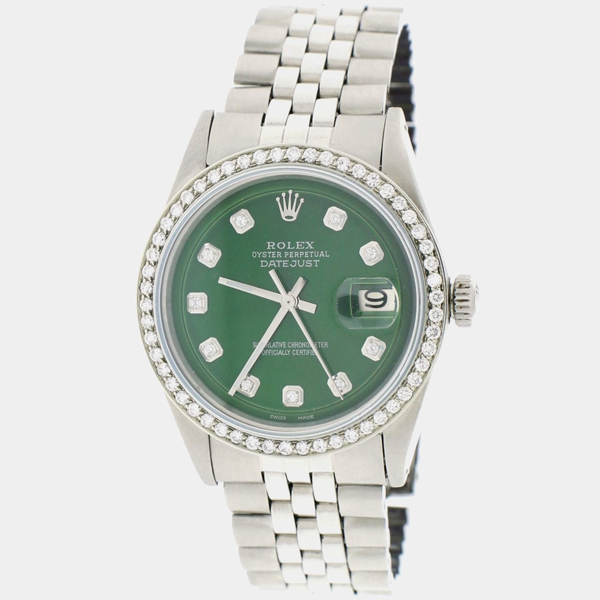 Rolex Customised Forest Green Diamond Stainless Steel Datejust  Automatic Men's Wristwatch 36MM