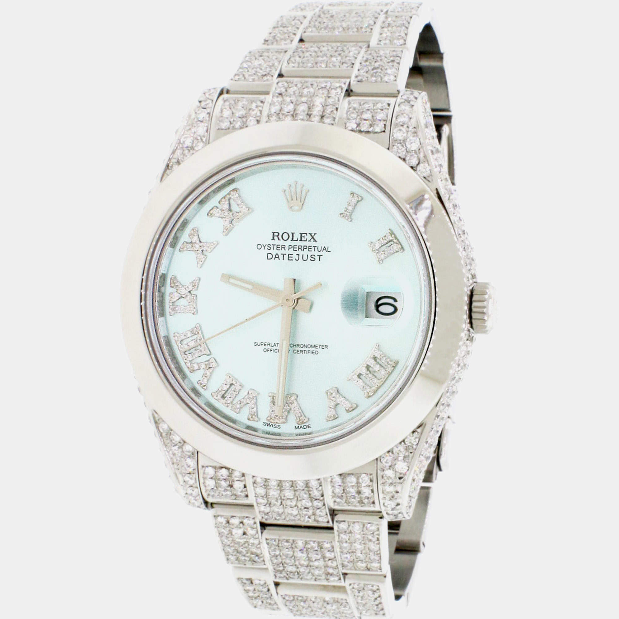 Rolex Customised Sky Blue 10.52CT Diamond Stainless Steel Datejust II 116300 Automatic Men's Wristwatch 41mm
