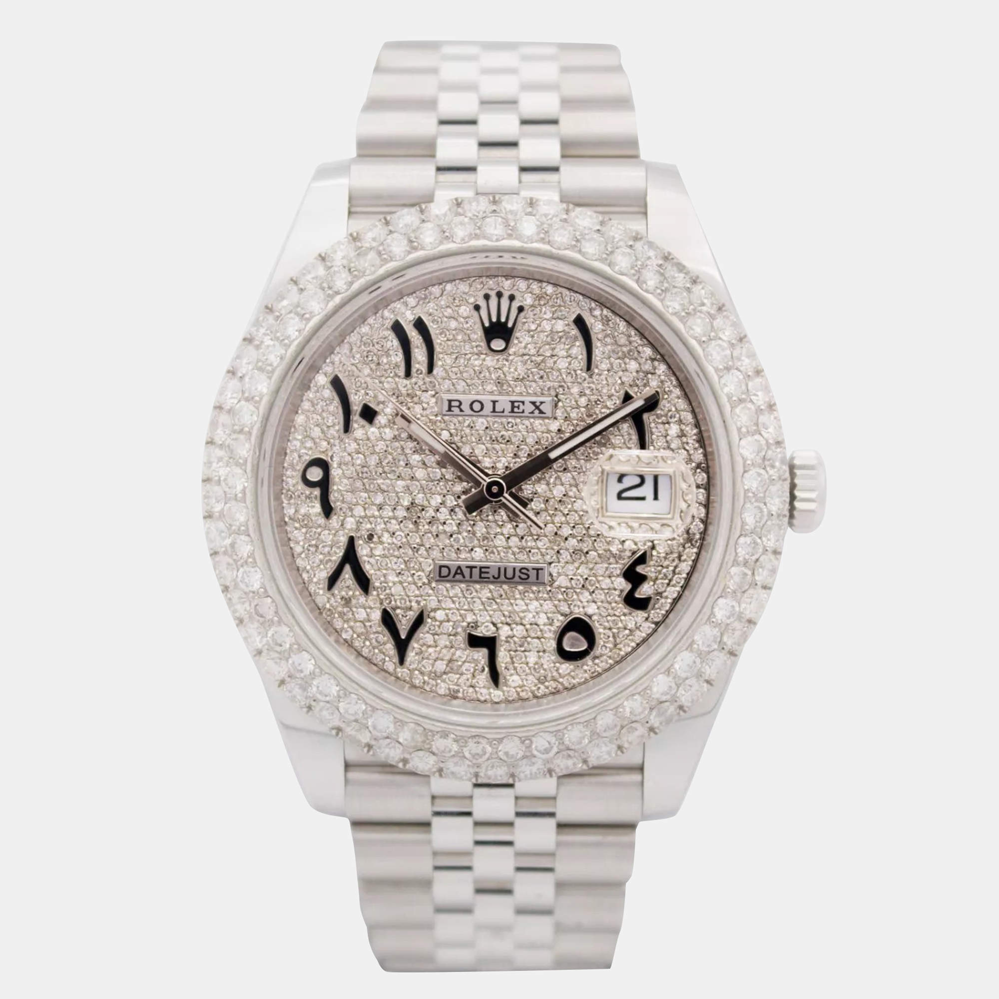 Rolex Customised Silver Diamond Stainless Steel Datejust 126300 Automatic Men's Wristwatch 41mm