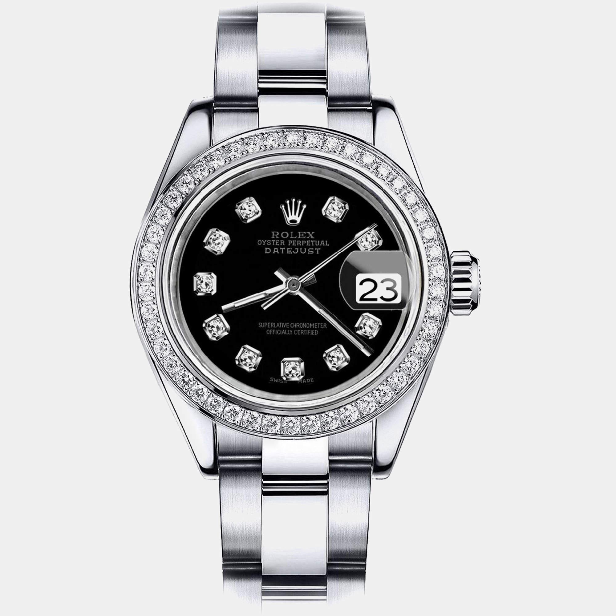 Rolex Customised Black Diamond Stainless Steel Datejust 2007 Automatic Men's Wristwatch 36mm