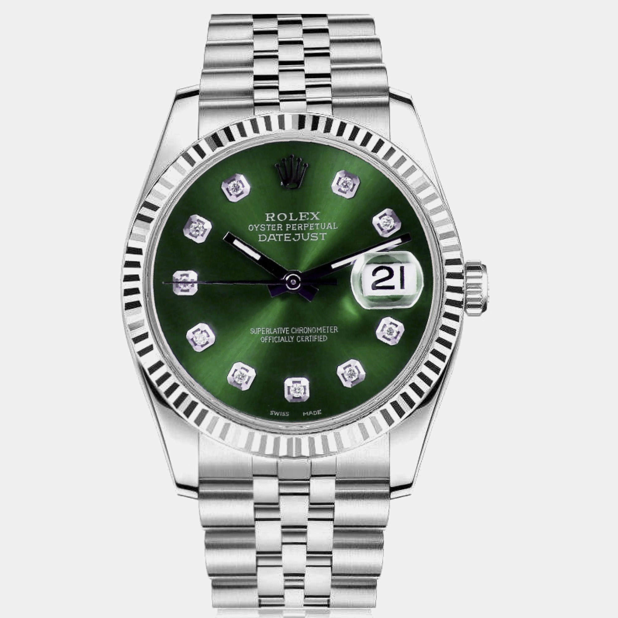 Pre Owned Rolex Customised Green Diamond Stainless Steel Datejust  Automatic Men's Wristwatch 36mm