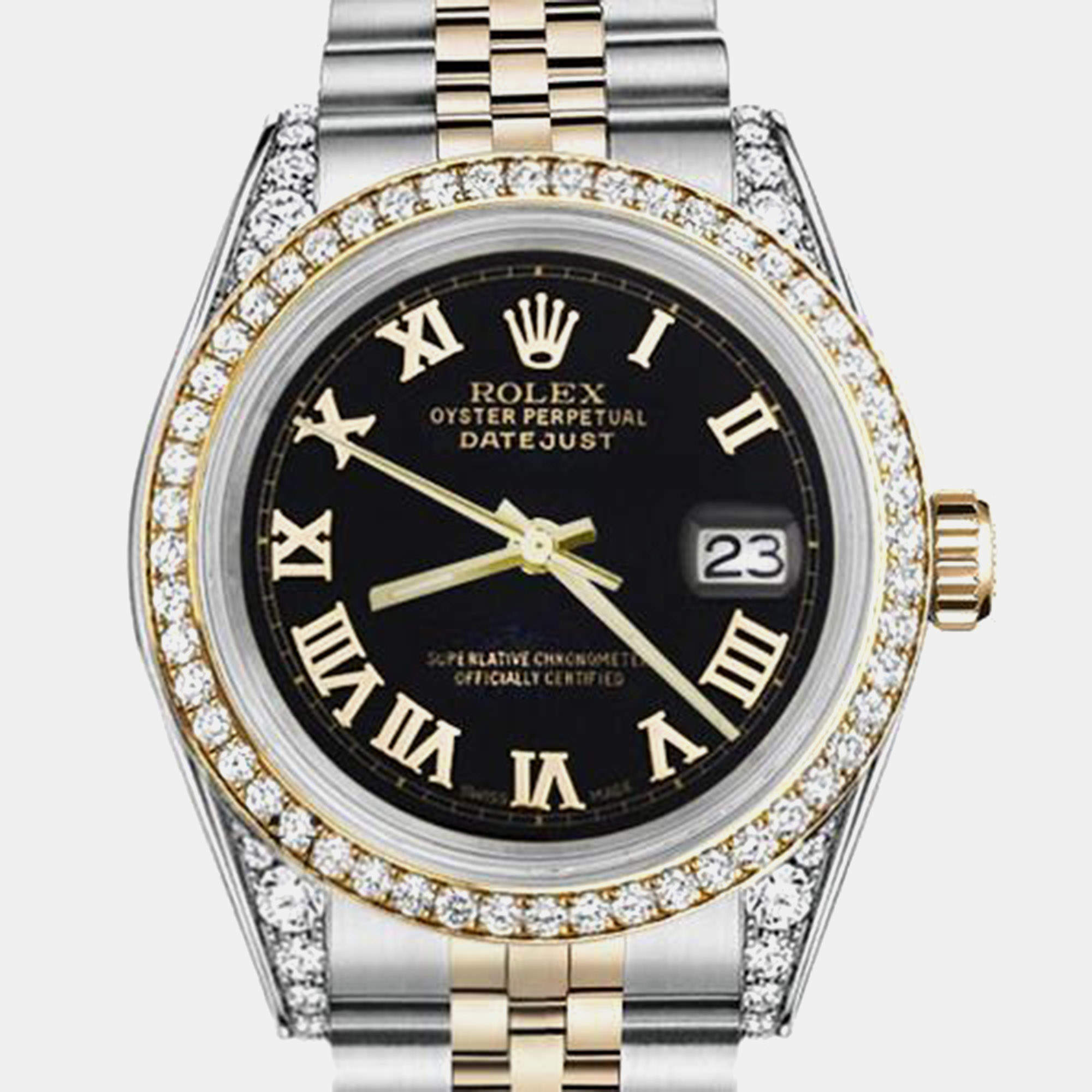 Rolex Customised Black Diamond 18K Yellow Gold Stainless Steel Datejust 16013 Automatic Men's Wristwatch 36mm