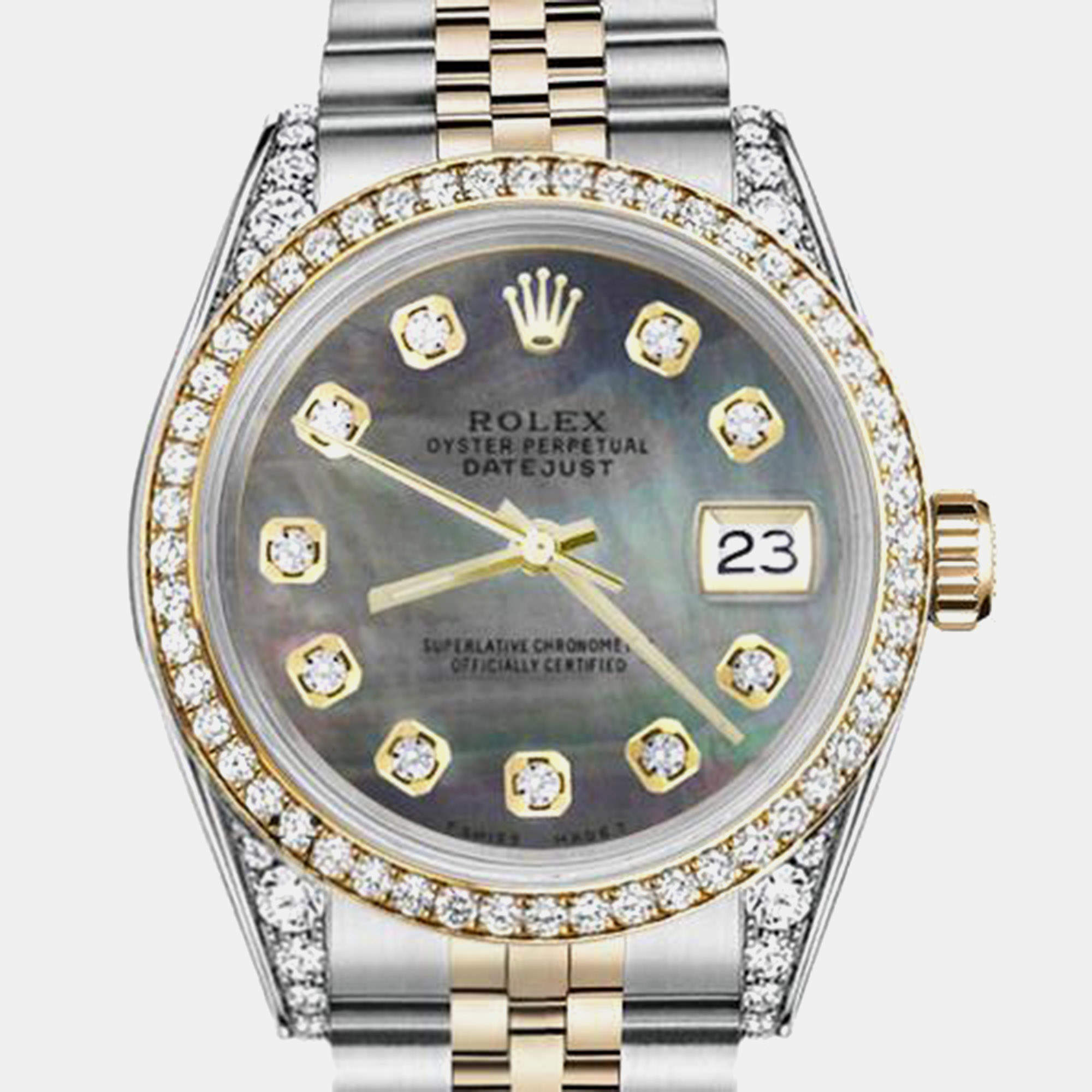Rolex Customised Black MOP Diamond 18K Yellow Gold Stainless Steel Datejust 16013 Automatic Men's Wristwatch 36mm