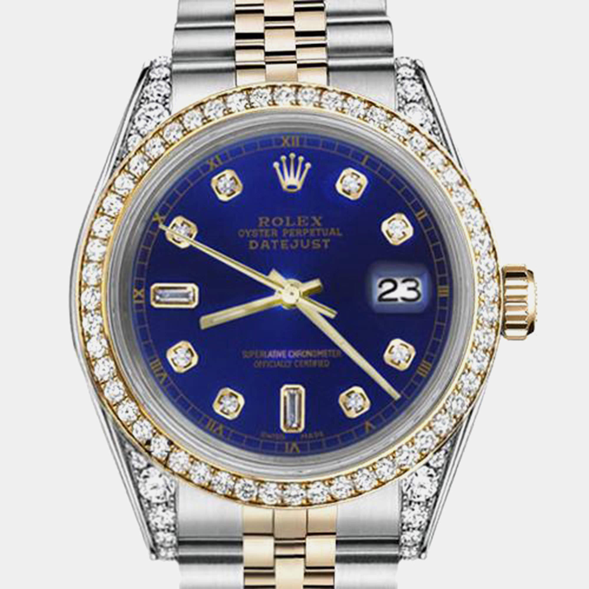 Rolex Customised Blue Diamond 18K Yellow Gold Stainless Steel Datejust 16013 Automatic Men's Wristwatch 36mm