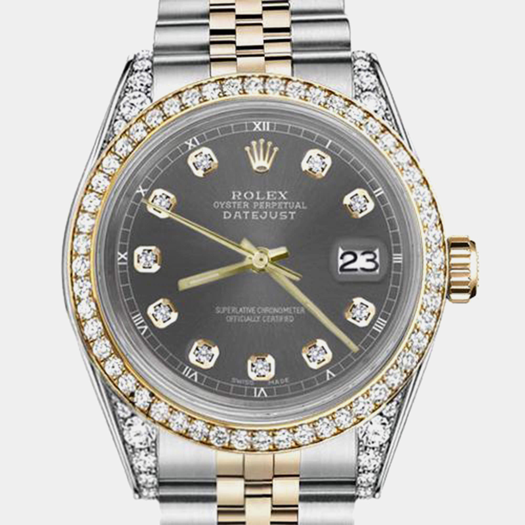 Rolex Customised Grey Diamond 18K Yellow Gold Stainless Steel Datejust 16013 Automatic Men's Wristwatch 36mm