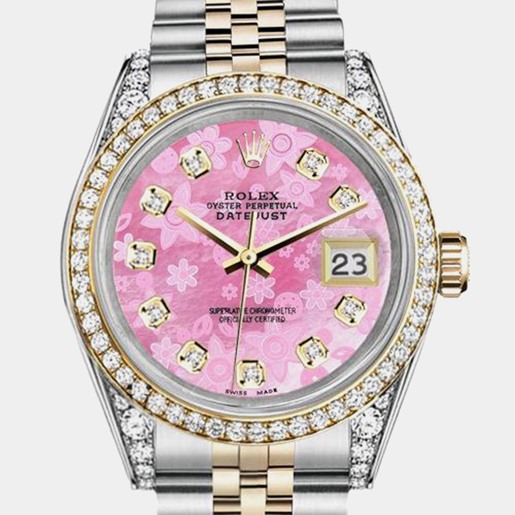 Rolex Customised Pink MOP Diamond 18K Yellow Gold Stainless Steel Datejust 16013 Automatic Men's Wristwatch 36mm