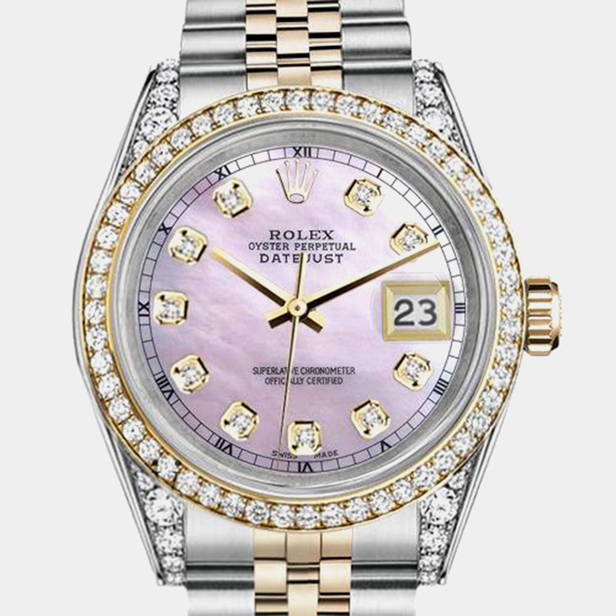 Rolex Customised Pink MOP Diamond 18K Yellow Gold Stainless Steel Datejust 16013 Automatic Men's Wristwatch 36mm