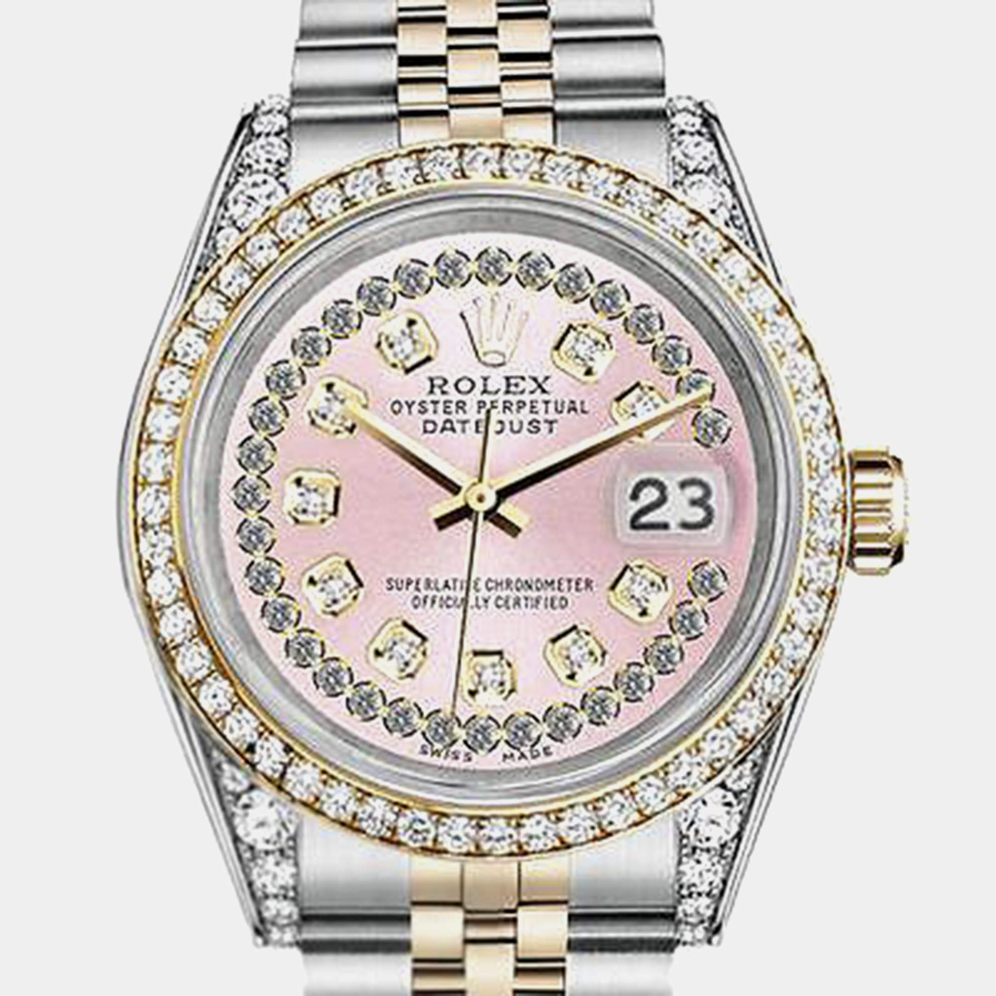 Rolex Customised Pink Diamond 18K Yellow Gold Stainless Steel Datejust 16013 Automatic Men's Wristwatch 36mm