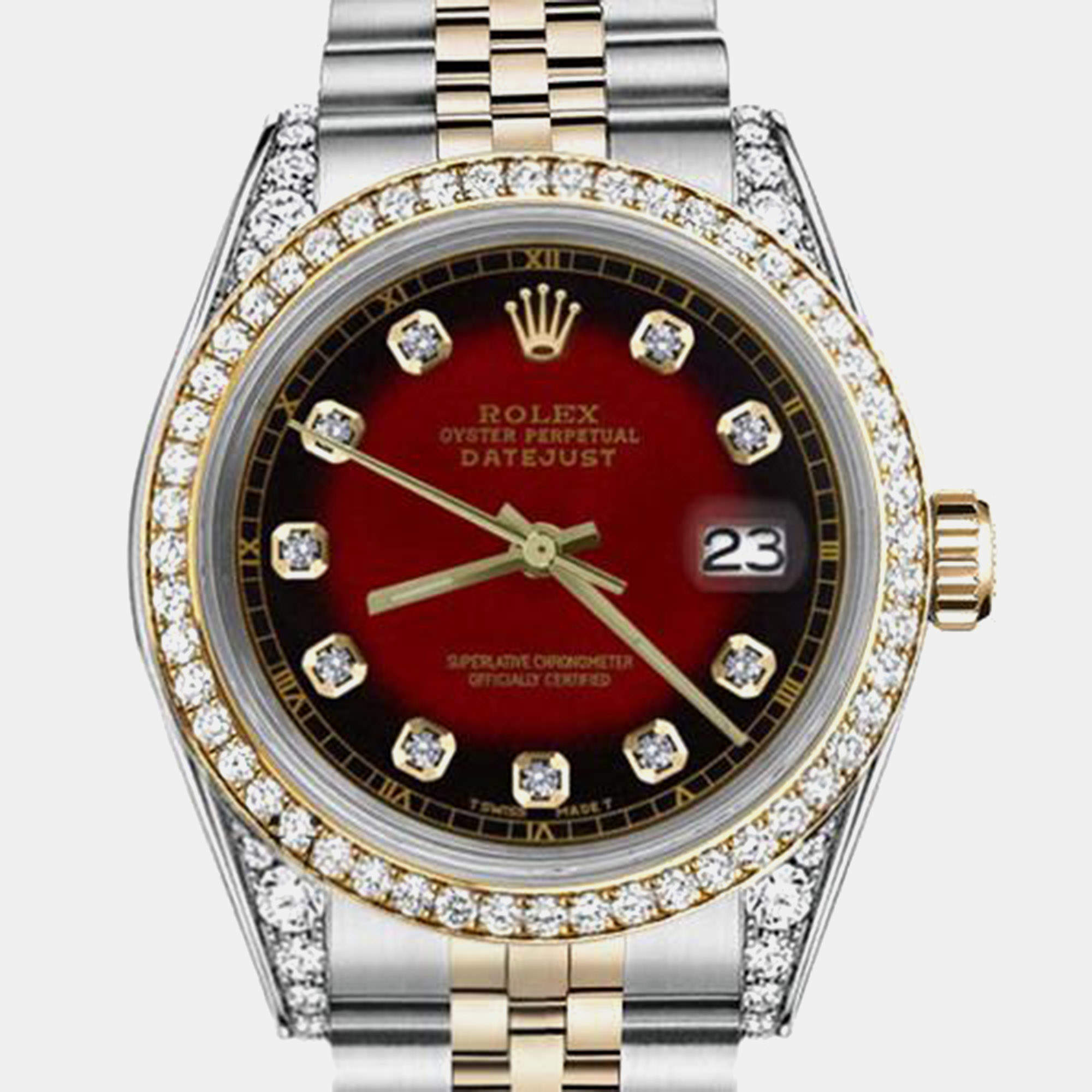 Rolex Customised Red Vignette Diamond 18K Yellow Gold Stainless Steel Datejust 16013 Automatic Men's Wristwatch 36mm