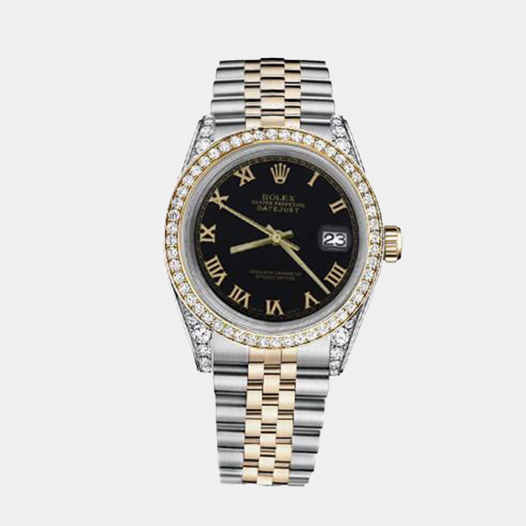 Rolex Customised Black Diamond 18K Yellow Gold Stainless Steel Datejust 16013 Automatic Men's Wristwatch 36mm