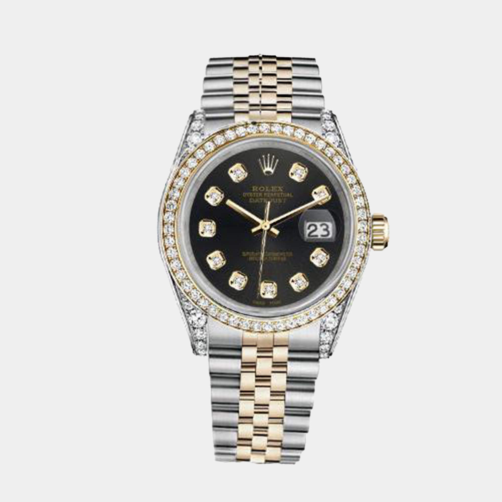 Rolex Customised Chocolate Diamond 18K Yellow Gold Stainless Steel Datejust 16013 Automatic Men's Wristwatch 36mm