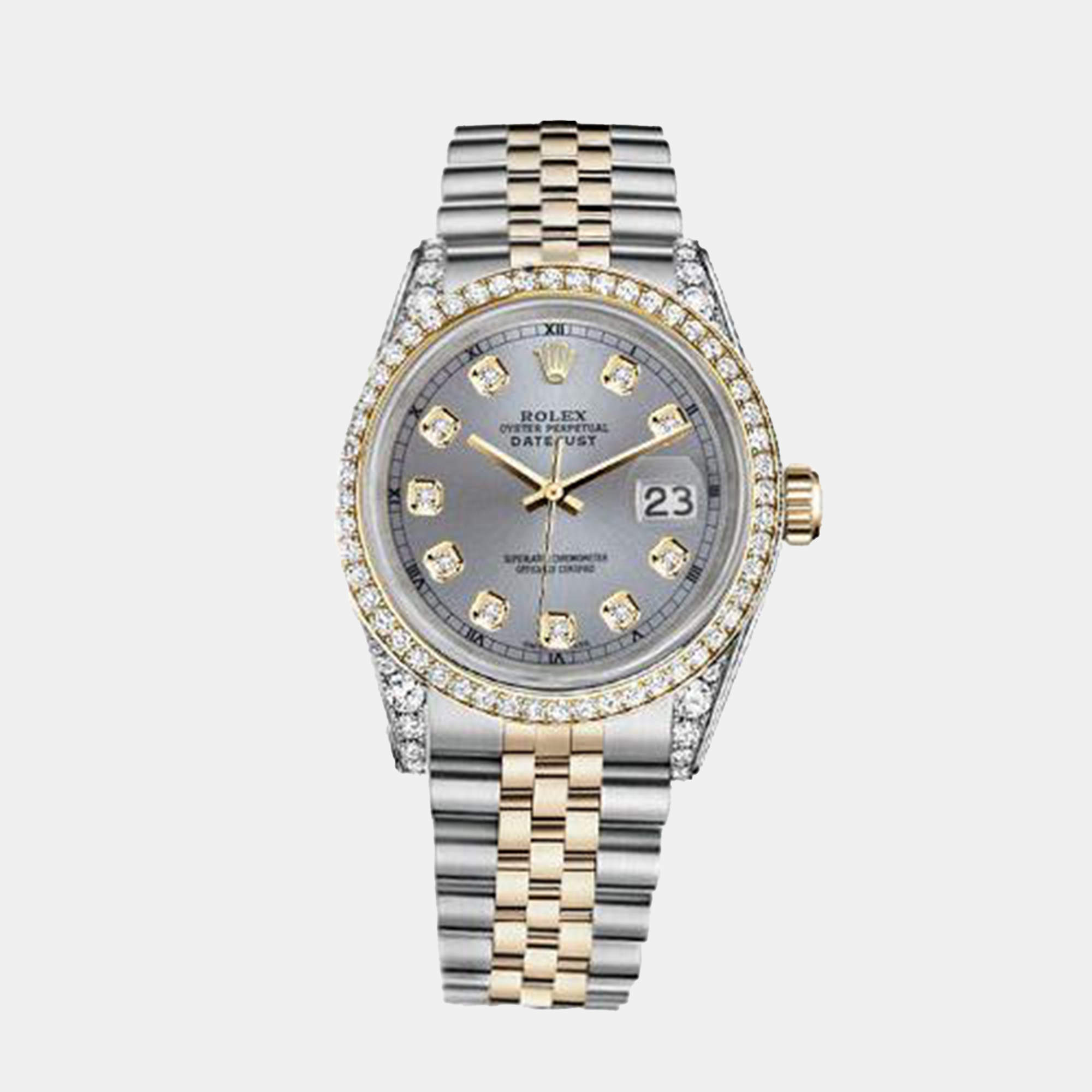 Rolex Customised Grey Diamond 18K Yellow Gold Stainless Steel Datejust 16013 Automatic Men's Wristwatch 36mm