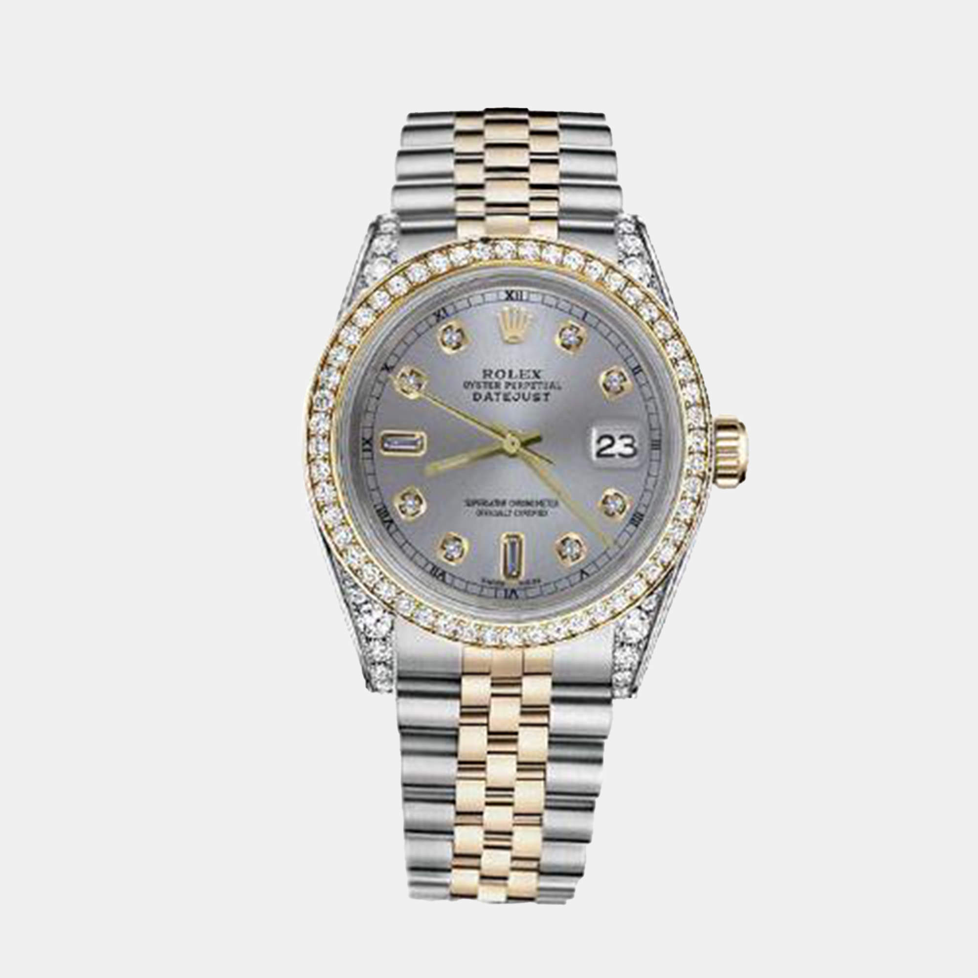 Rolex Customised Grey Diamond 18K Yellow Gold Stainless Steel Datejust 16013 Automatic Men's Wristwatch 36mm