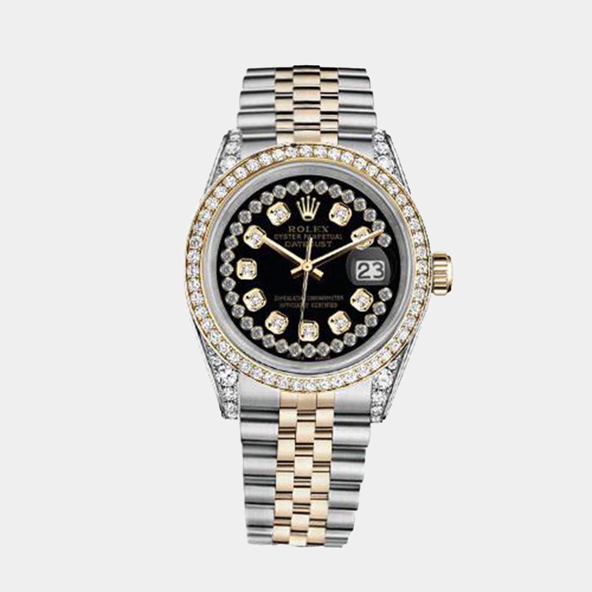Rolex Customised Black Diamond 18K Yellow Gold Stainless Steel Datejust 16013 Automatic Men's Wristwatch 36mm
