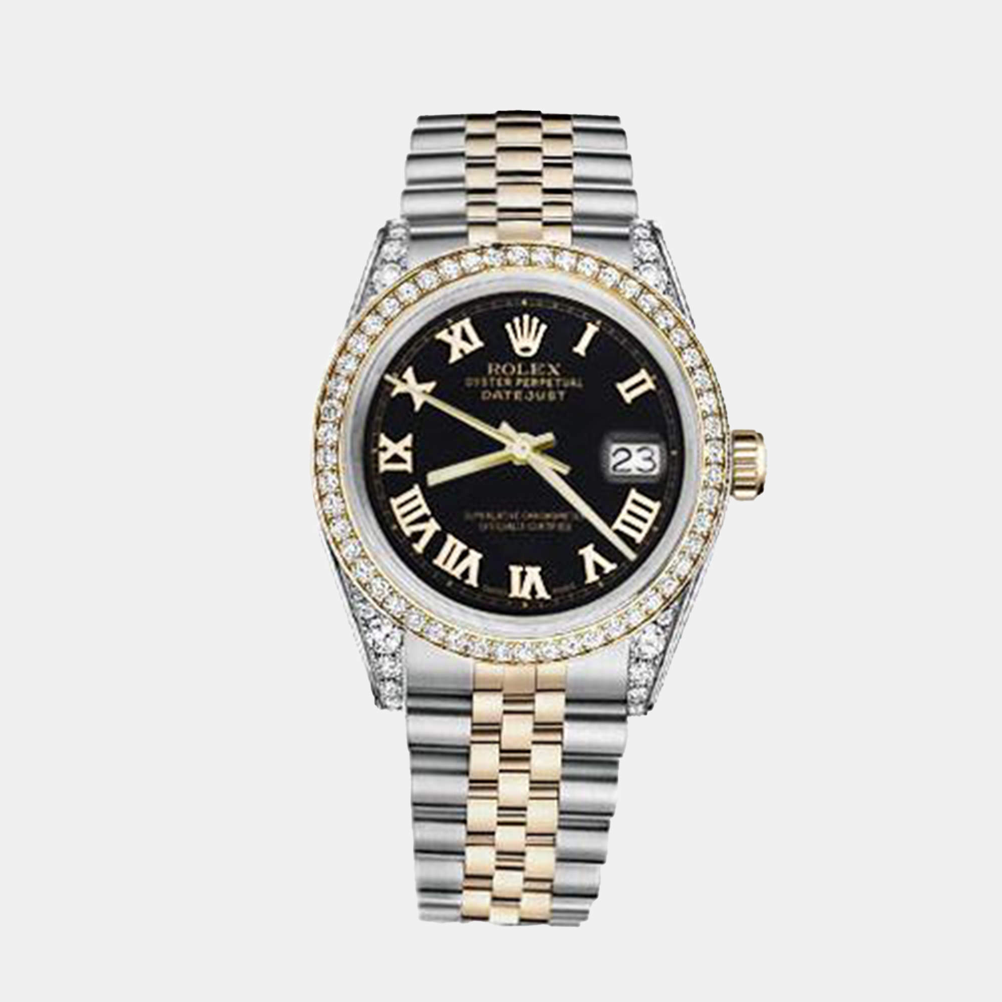 Rolex Customised Black Diamond 18K Yellow Gold Stainless Steel Datejust 116233 Automatic Men's Wristwatch 36mm