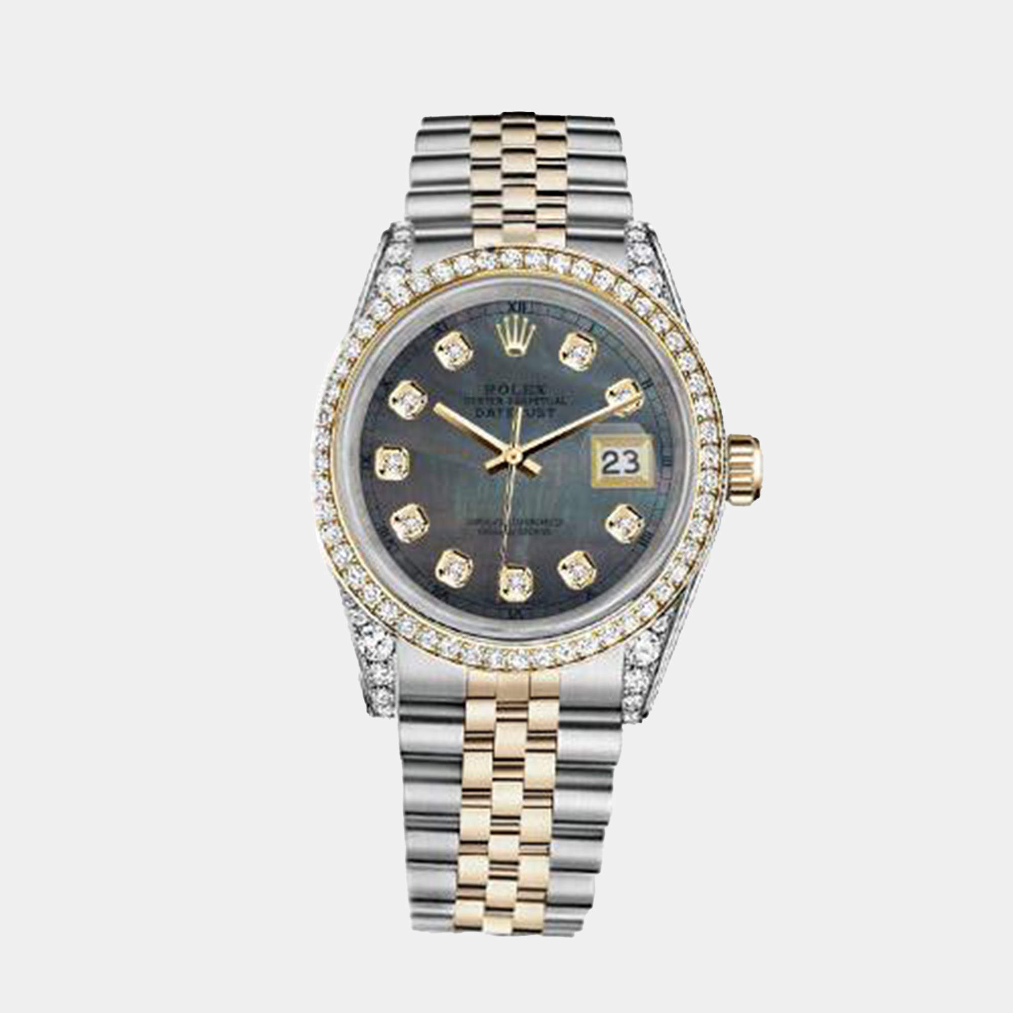 Rolex Customised Black MOP Diamond 18K Yellow Gold Stainless Steel Datejust 116233 Automatic Men's Wristwatch 36mm