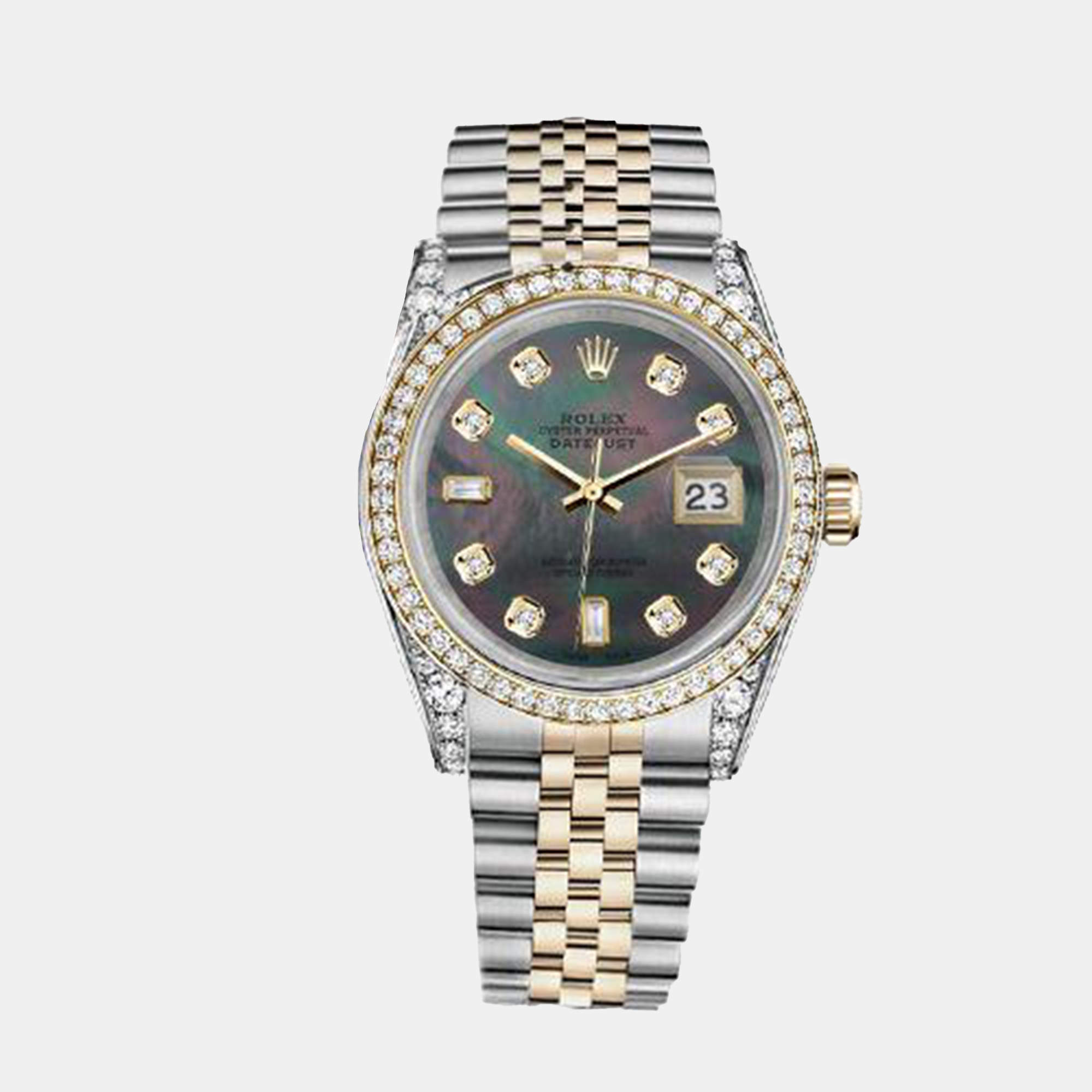Rolex Customised Black MOP Diamond 18K Yellow Gold Stainless Steel Datejust 116233 Automatic Men's Wristwatch 36mm