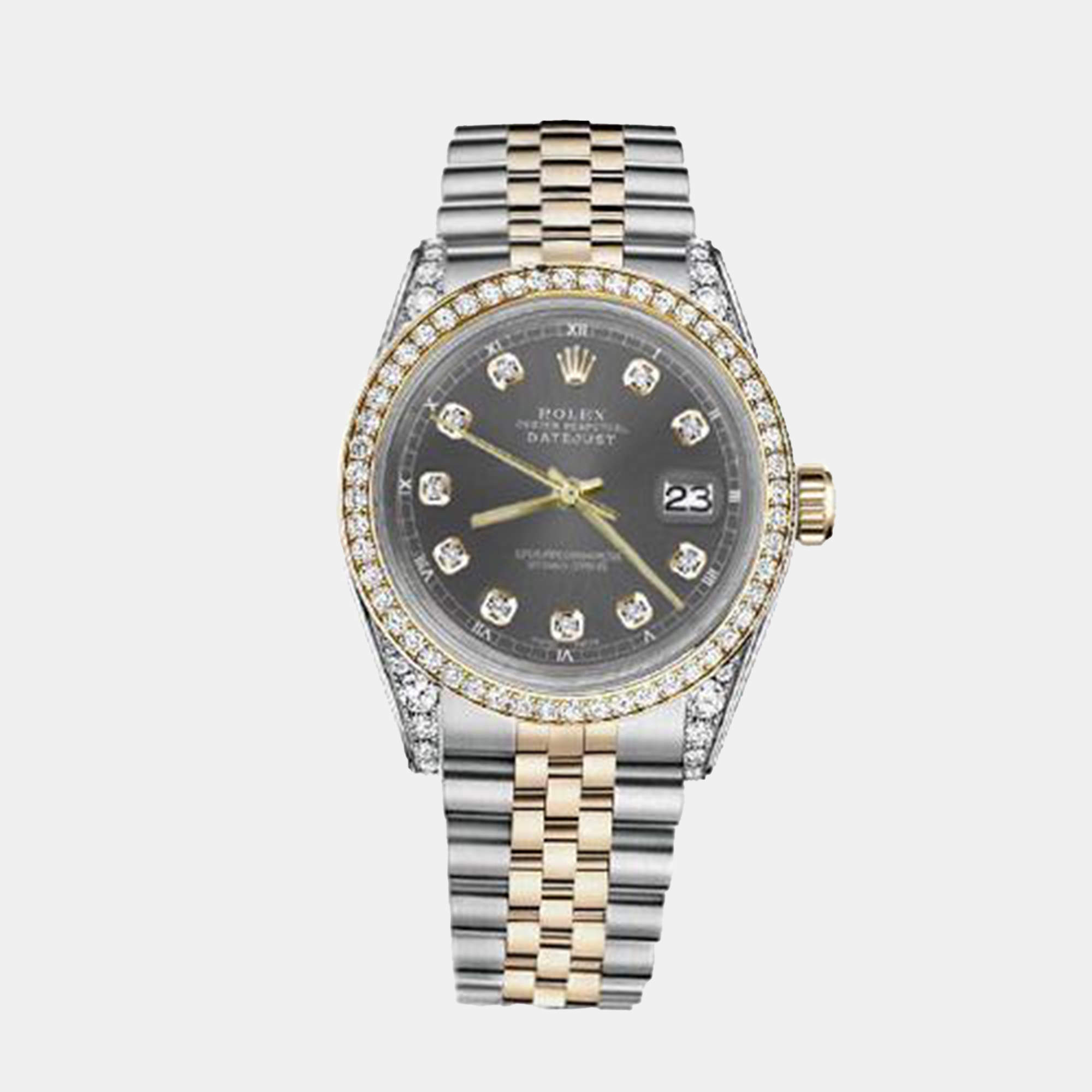 Rolex Customised Grey Diamond 18K Yellow Gold Stainless Steel Datejust 116233 Automatic Men's Wristwatch 36mm