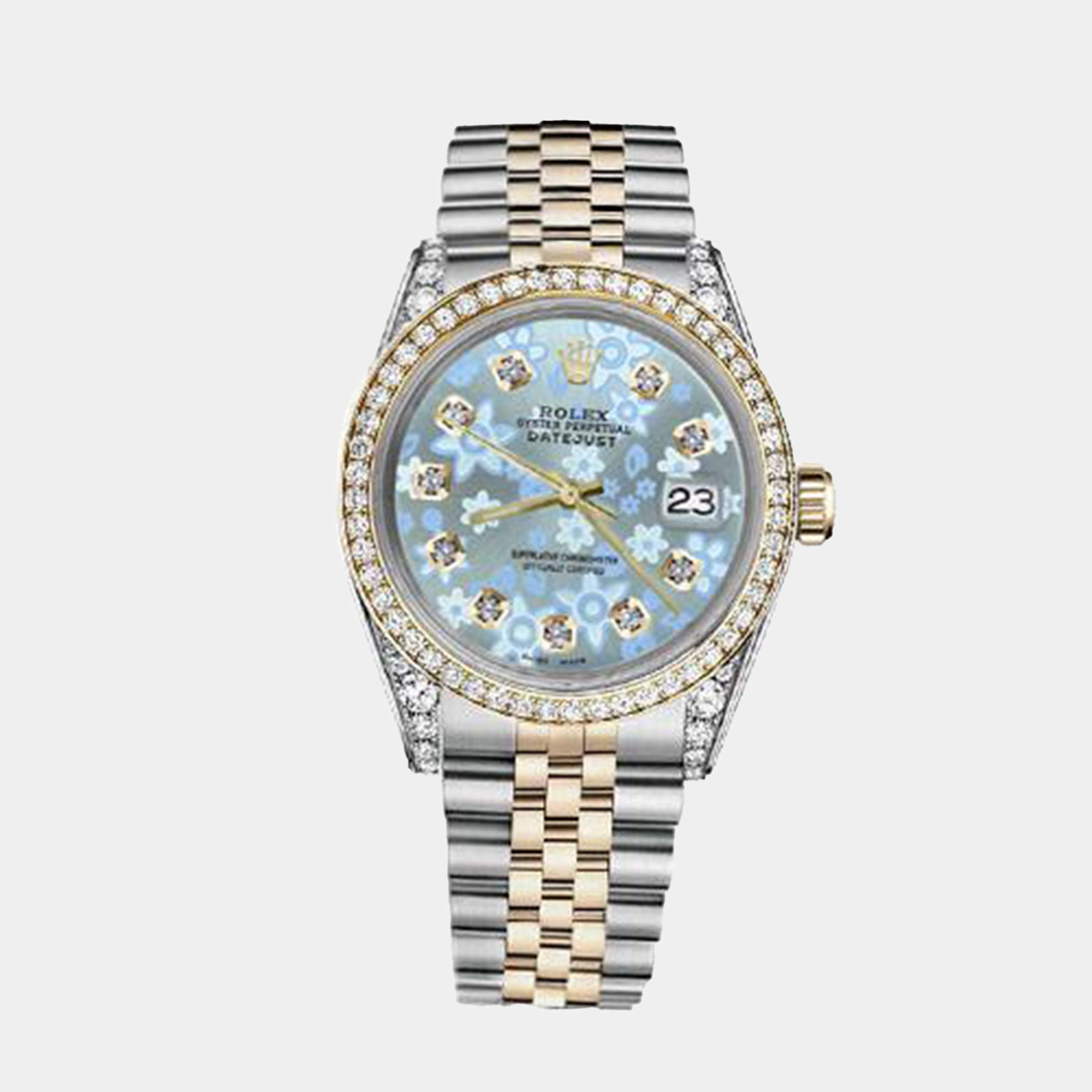 Rolex Customised Ice Blue Diamond 18K Yellow Gold Stainless Steel Datejust 116233 Automatic Men's Wristwatch 36mm