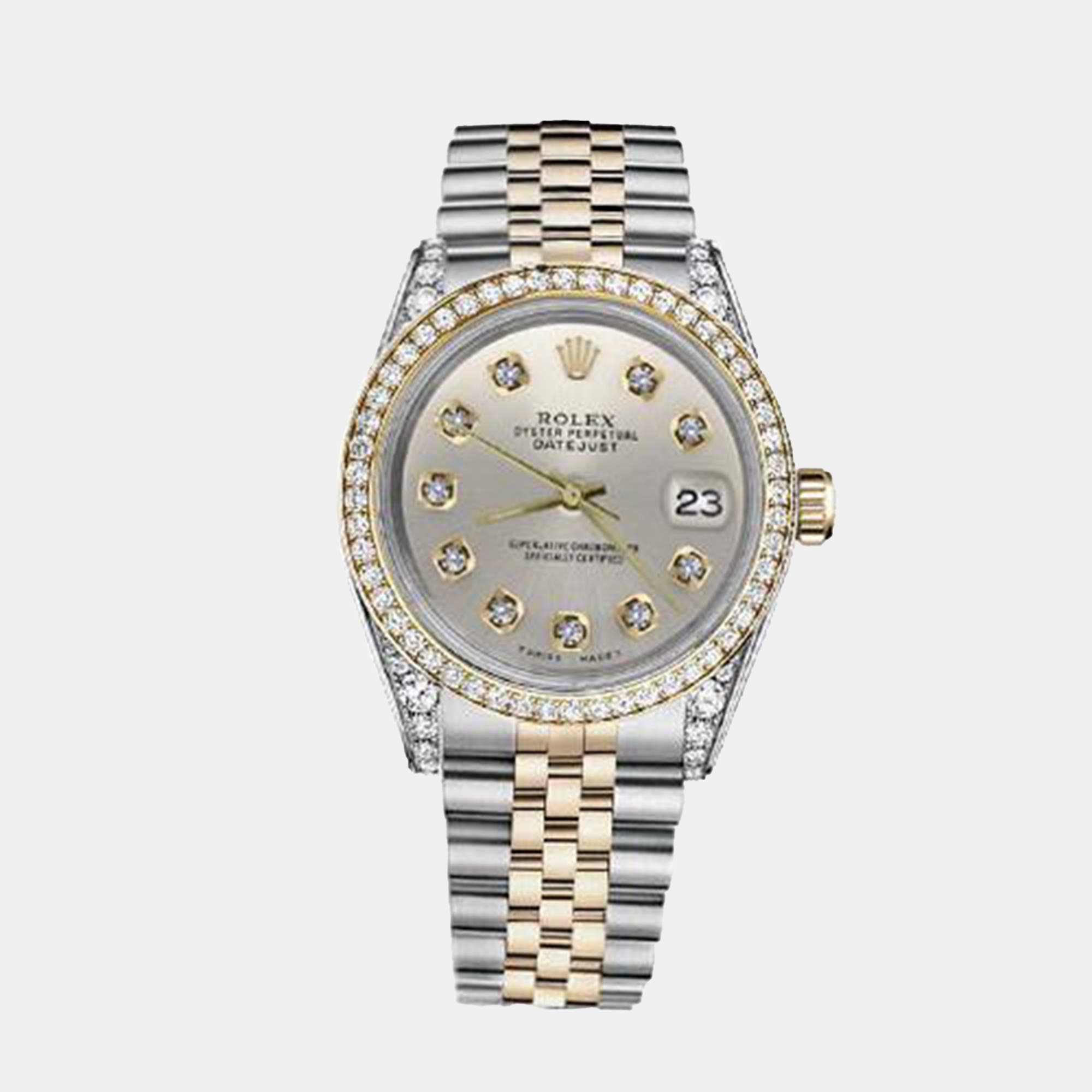 Rolex Customised Silver Diamond 18K Yellow Gold Stainless Steel Datejust 116233 Automatic Men's Wristwatch 36mm