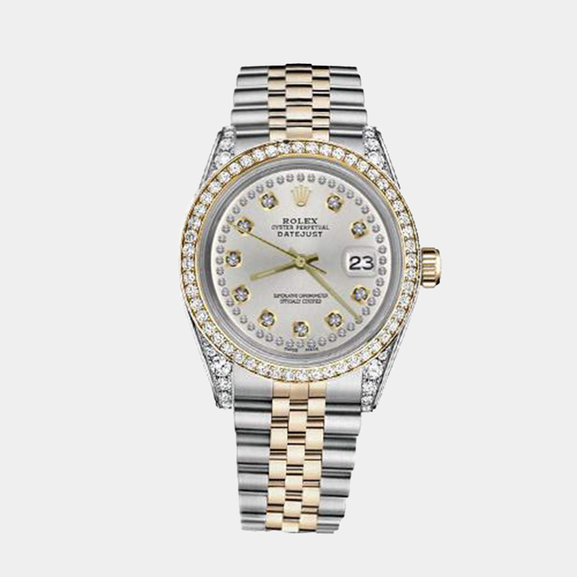 Rolex Customised Silver Diamond 18K Yellow Gold Stainless Steel Datejust 116233 Automatic Men's Wristwatch 36mm