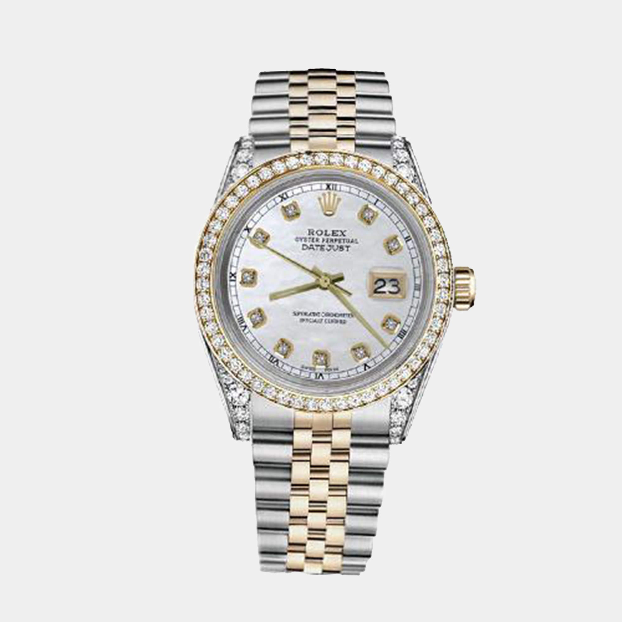 Rolex Customised White MOP Diamond 18K Yellow Gold Stainless Steel Datejust 116233 Automatic Men's Wristwatch 36mm