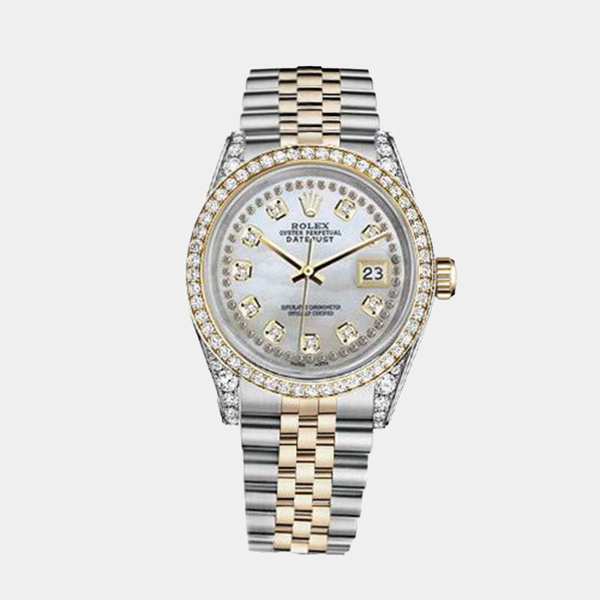 Rolex Customised White MOP Diamond 18K Yellow Gold Stainless Steel Datejust 116233 Automatic Men's Wristwatch 36mm