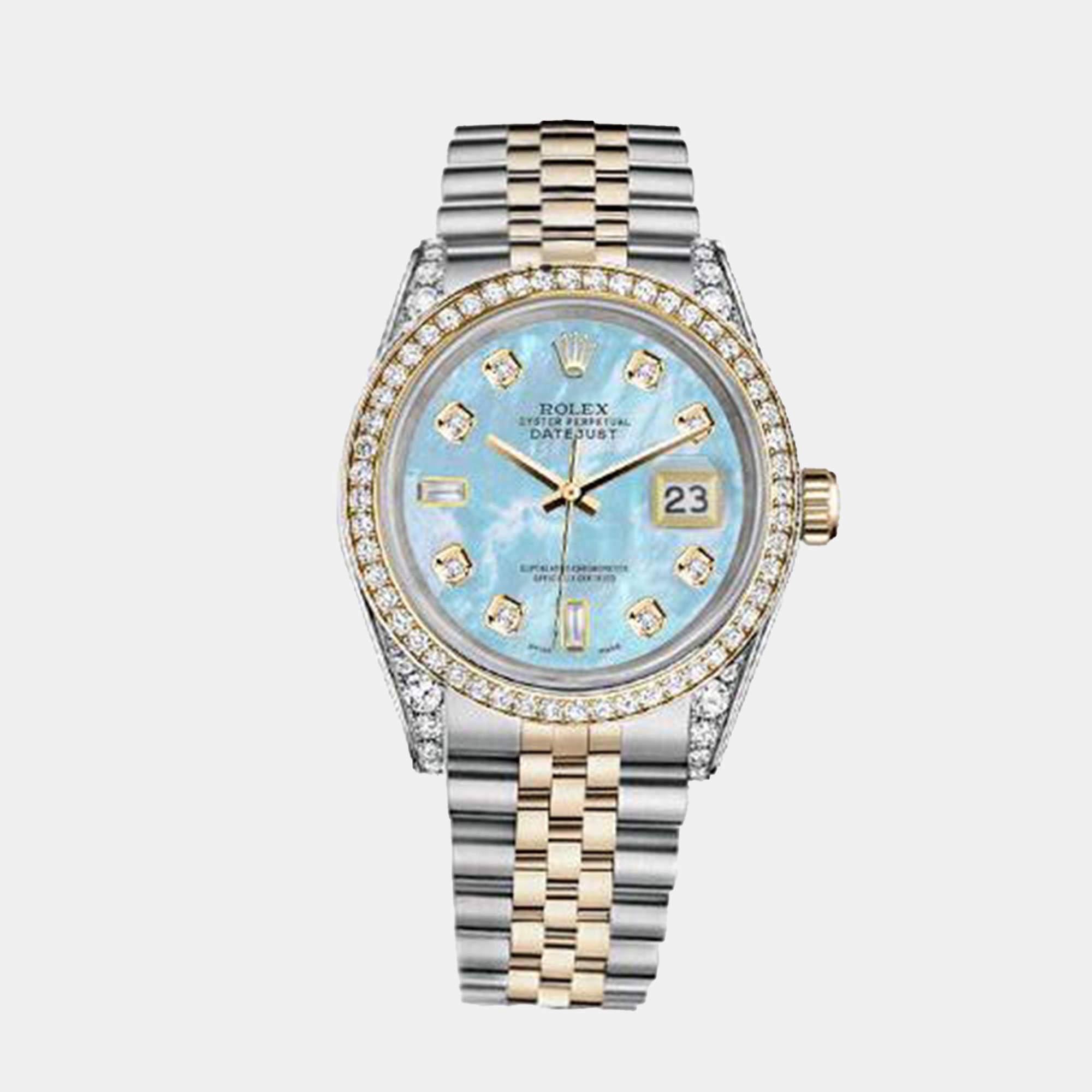 Rolex Customised Blue MOP Diamond 18K Yellow Gold Stainless Steel Datejust 116233 Automatic Men's Wristwatch 36mm