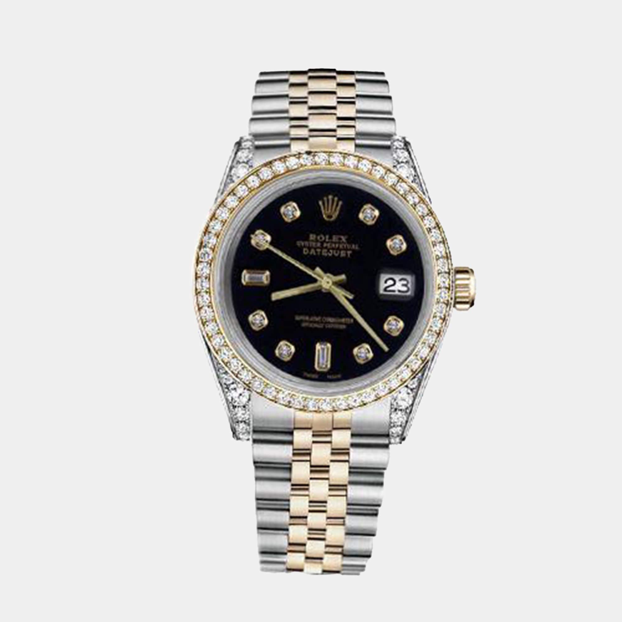 Rolex Customised Black Diamond 18K Yellow Gold Stainless Steel Datejust 116233 Automatic Men's Wristwatch 36mm