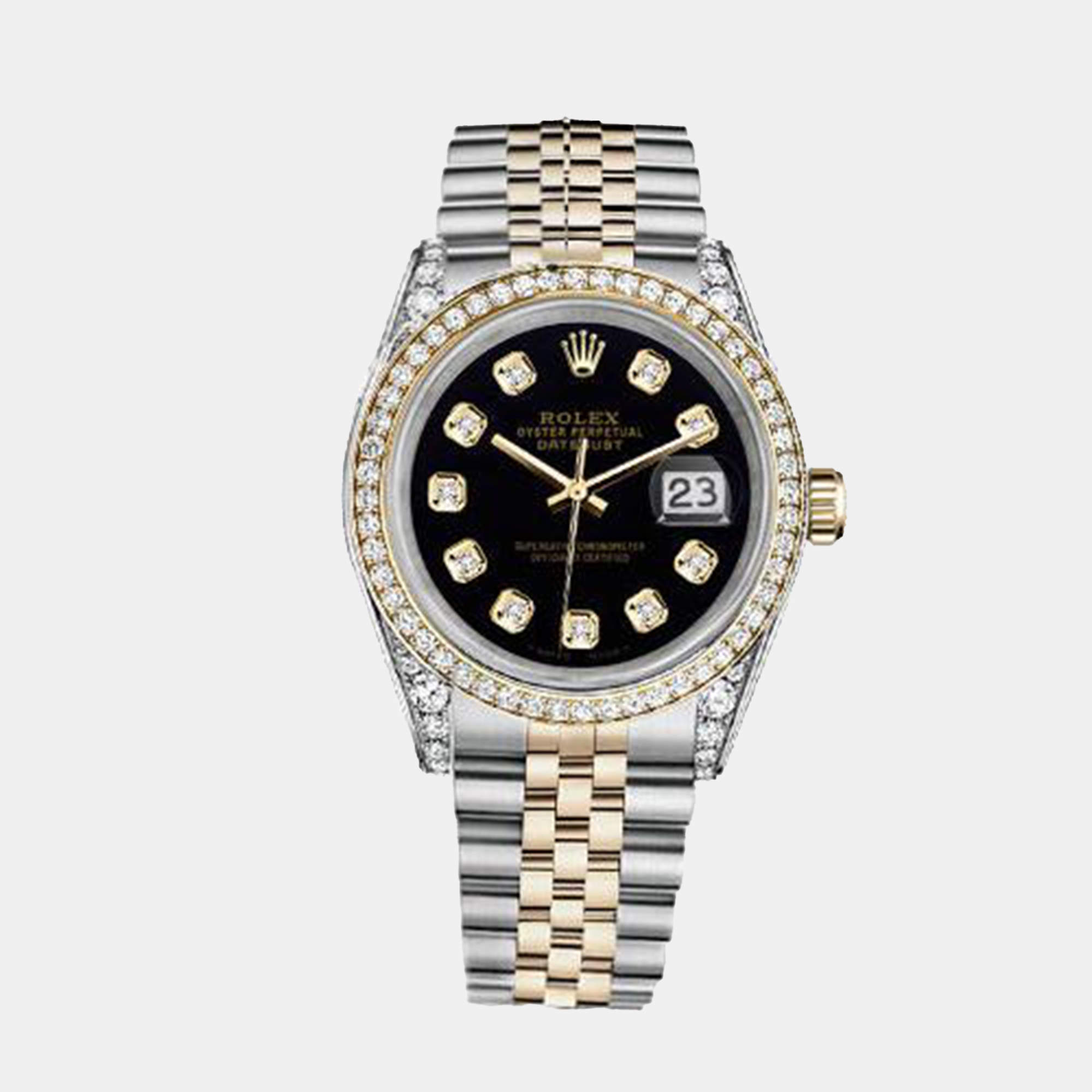Rolex Customised Black Diamond 18K Yellow Gold Stainless Steel Datejust 116233 Automatic Men's Wristwatch 36mm
