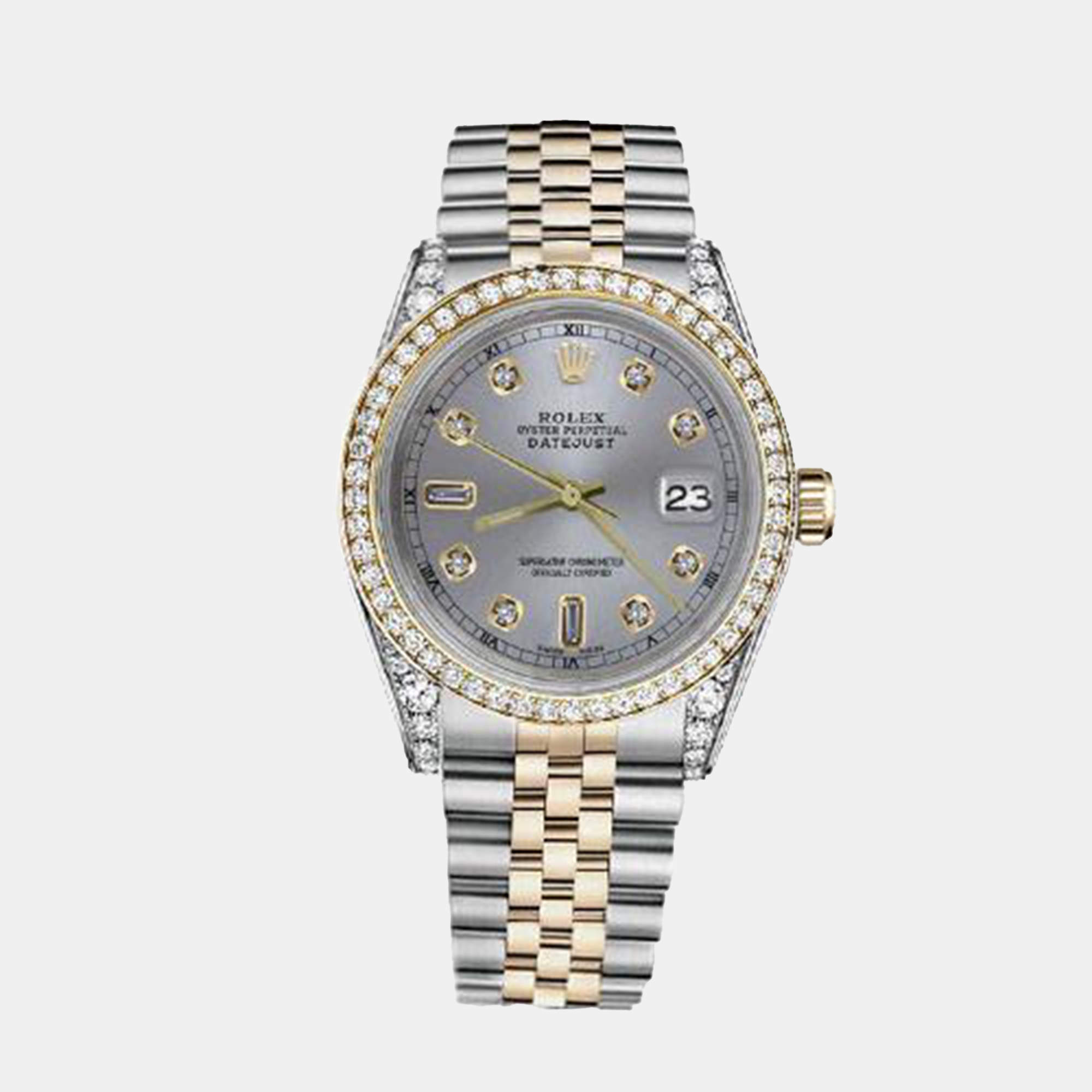 Rolex Customised Grey Diamond 18K Yellow Gold Stainless Steel Datejust 116233 Automatic Men's Wristwatch 36mm