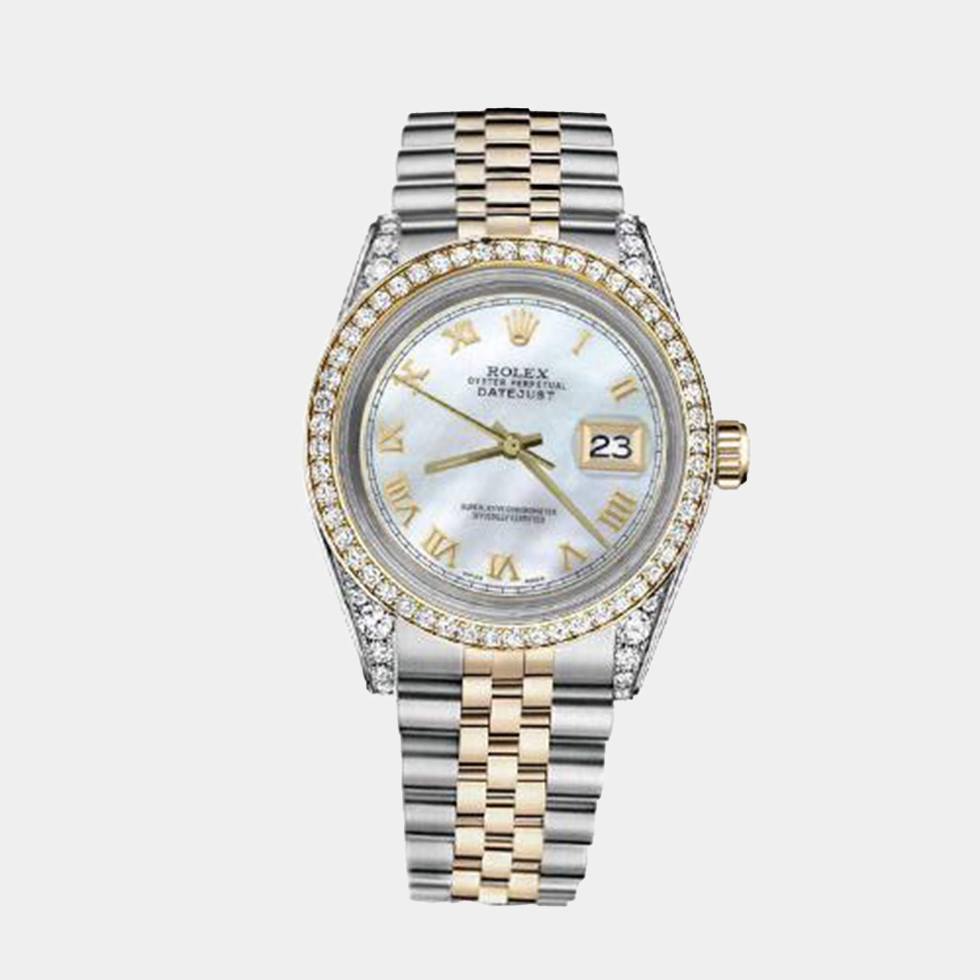 Rolex Customised White MOP Diamond 18K Yellow Gold Stainless Steel Datejust 116233 Automatic Men's Wristwatch 36mm