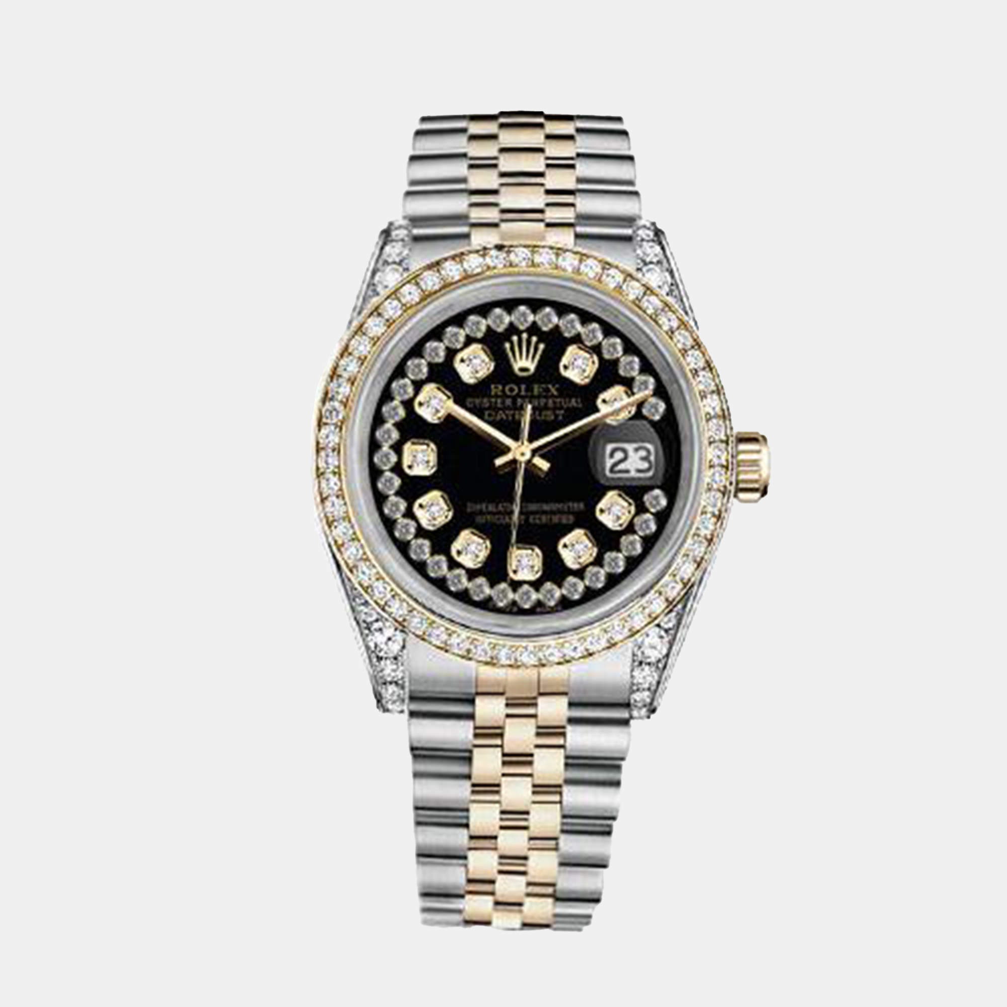 Rolex Customised Black Diamond 18K Yellow Gold Stainless Steel Datejust 116233 Automatic Men's Wristwatch 36mm