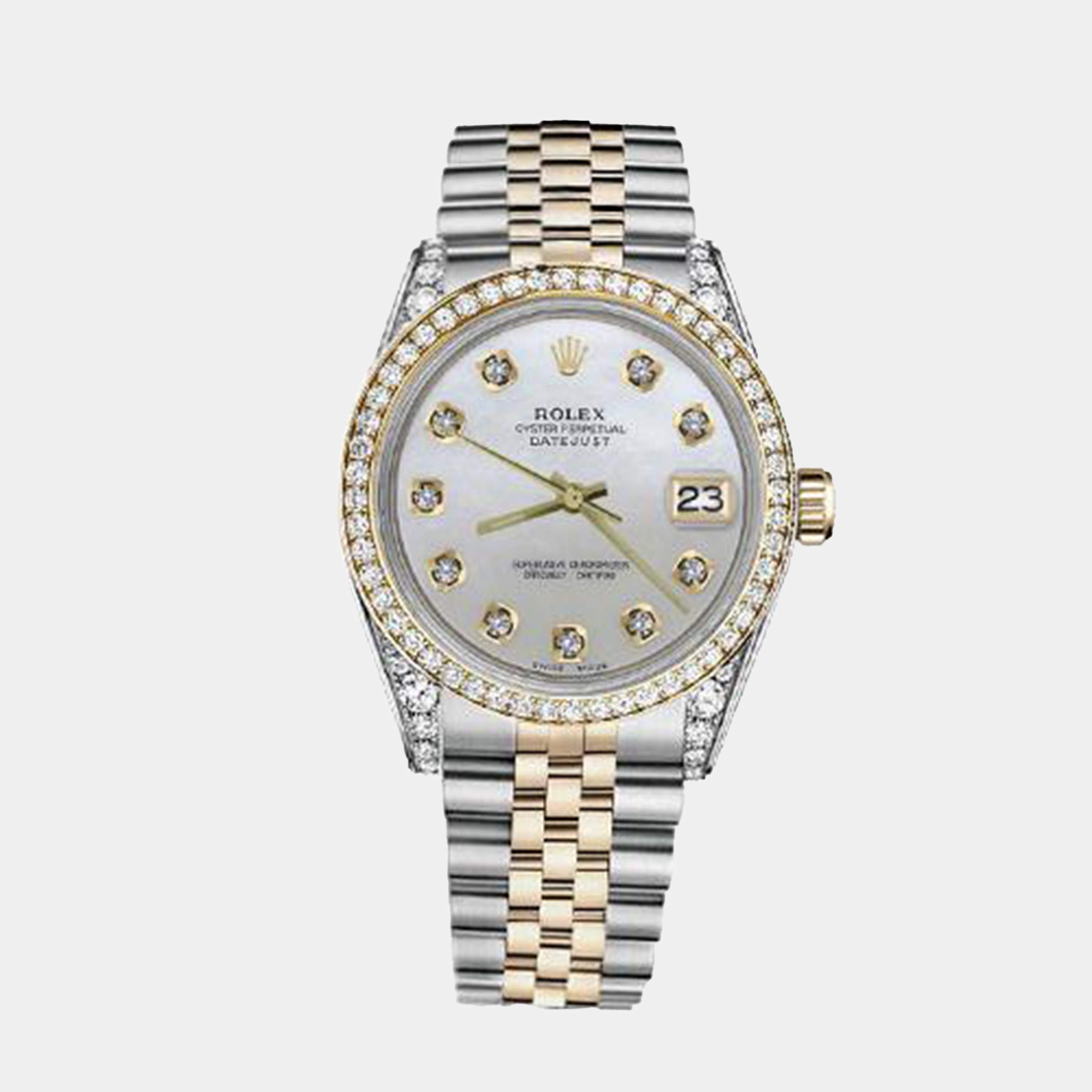 Rolex Customised White MOP Diamond 18K Yellow Gold Stainless Steel Datejust 116233 Automatic Men's Wristwatch 36mm