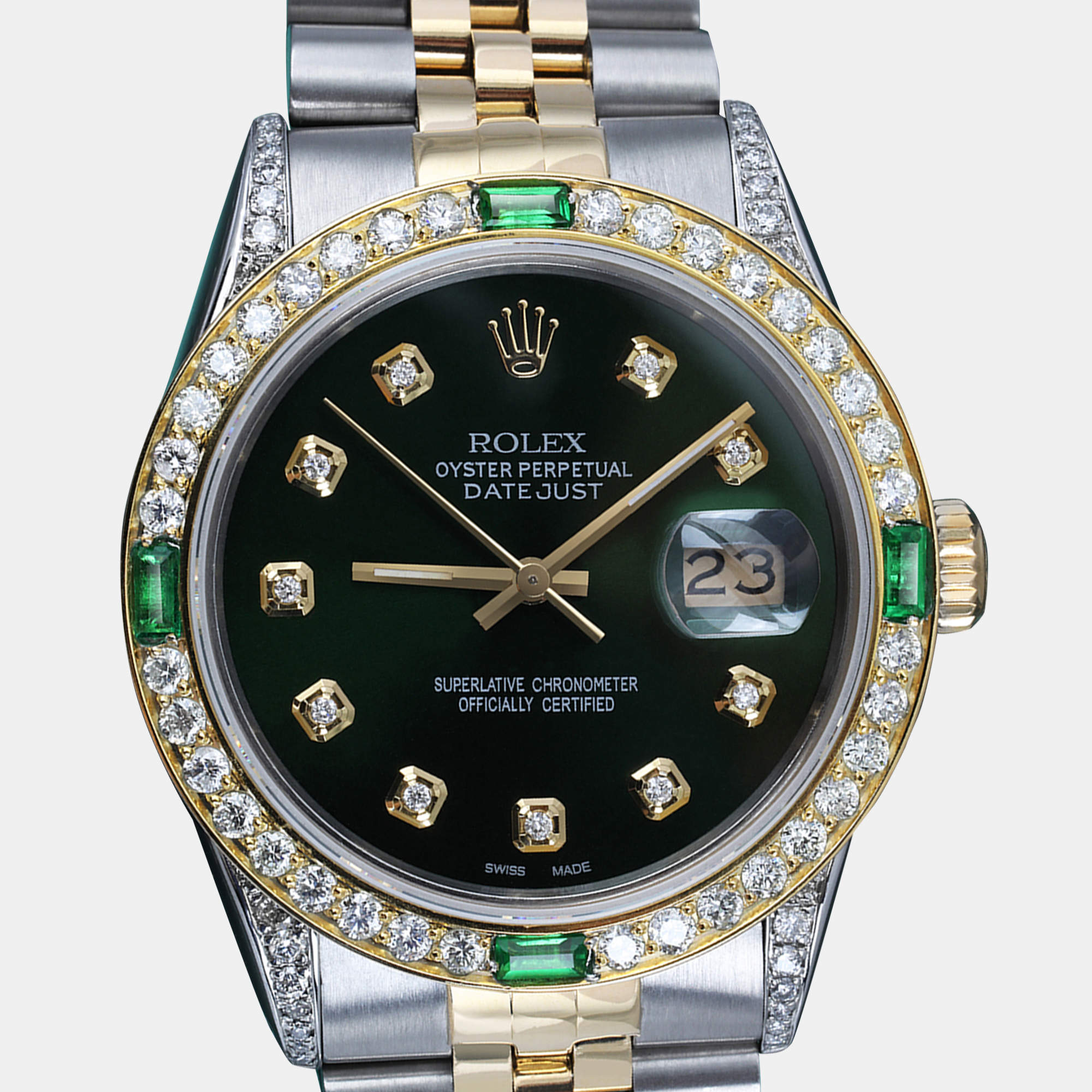 Rolex Customised Green Diamond 18K Yellow Gold Stainless Steel Datejust  Automatic Men's Wristwatch 36mm