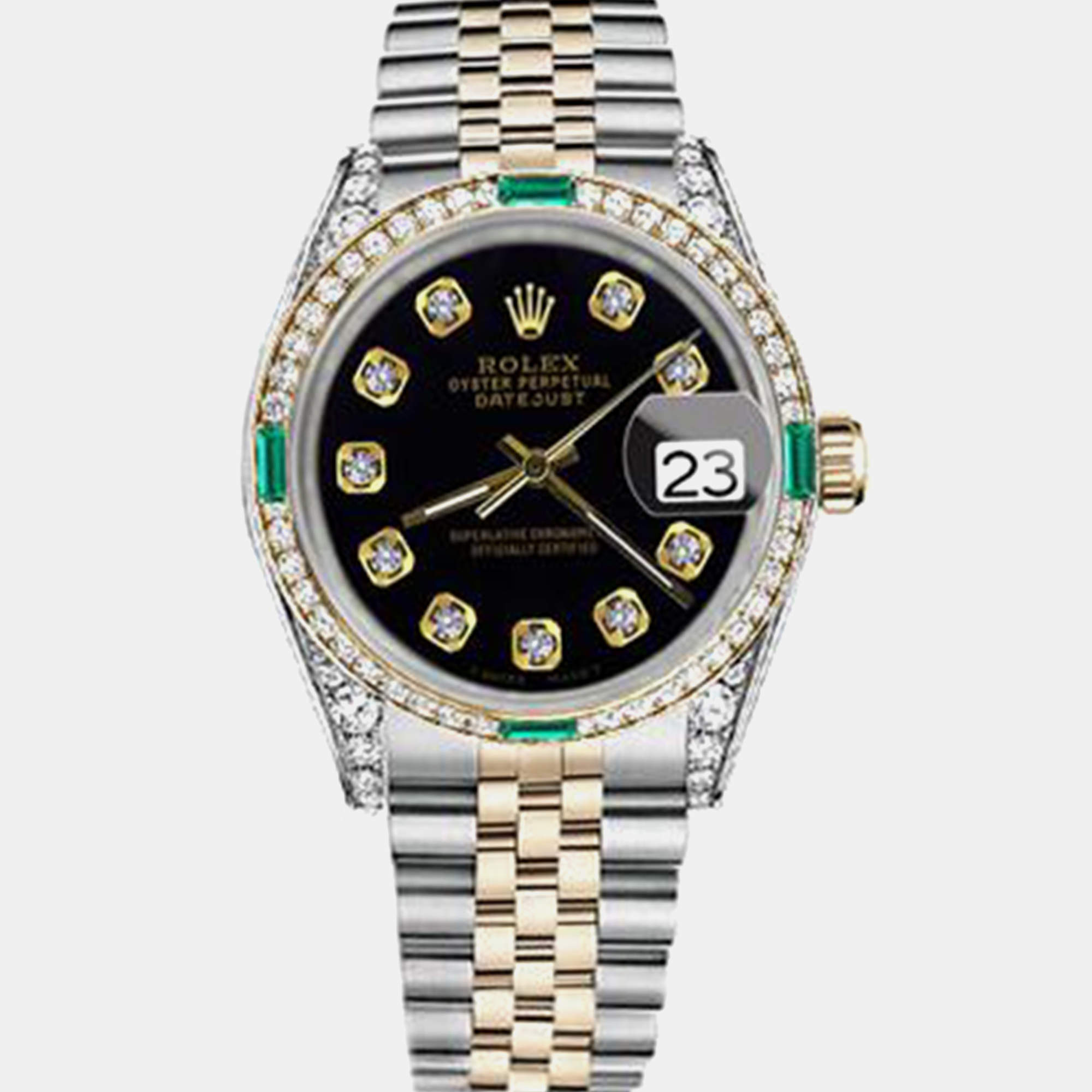 Rolex Customised Black Diamond 18K Yellow Gold Stainless Steel Datejust 16013 Automatic Men's Wristwatch 36mm