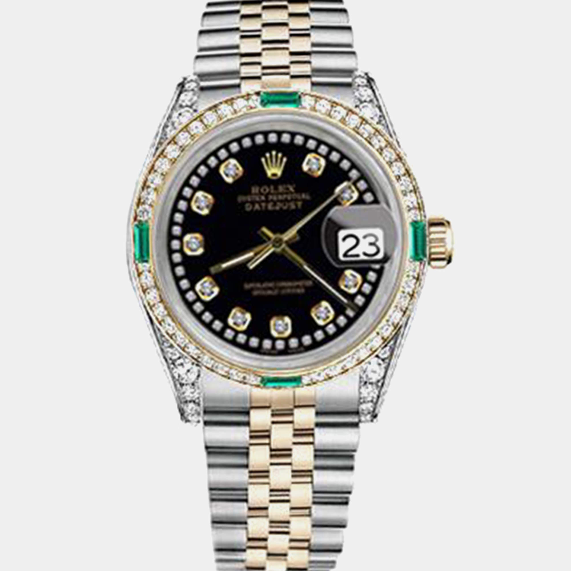 Rolex Customised Black Diamond 18K Yellow Gold Stainless Steel Datejust 16013 Automatic Men's Wristwatch 36mm