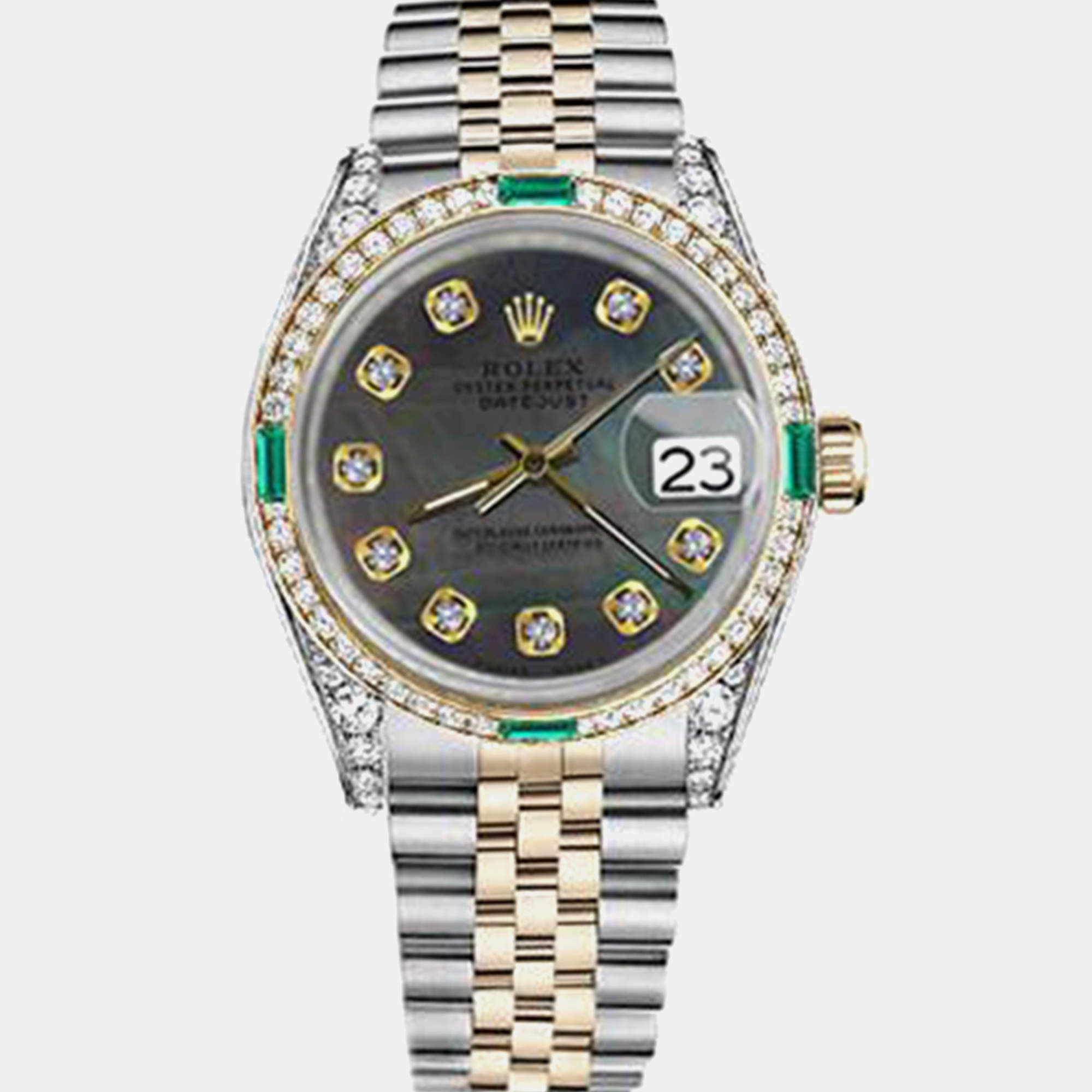 Rolex Customised Black MOP Diamond 18K Yellow Gold Stainless Steel Datejust 16013 Automatic Men's Wristwatch 36mm