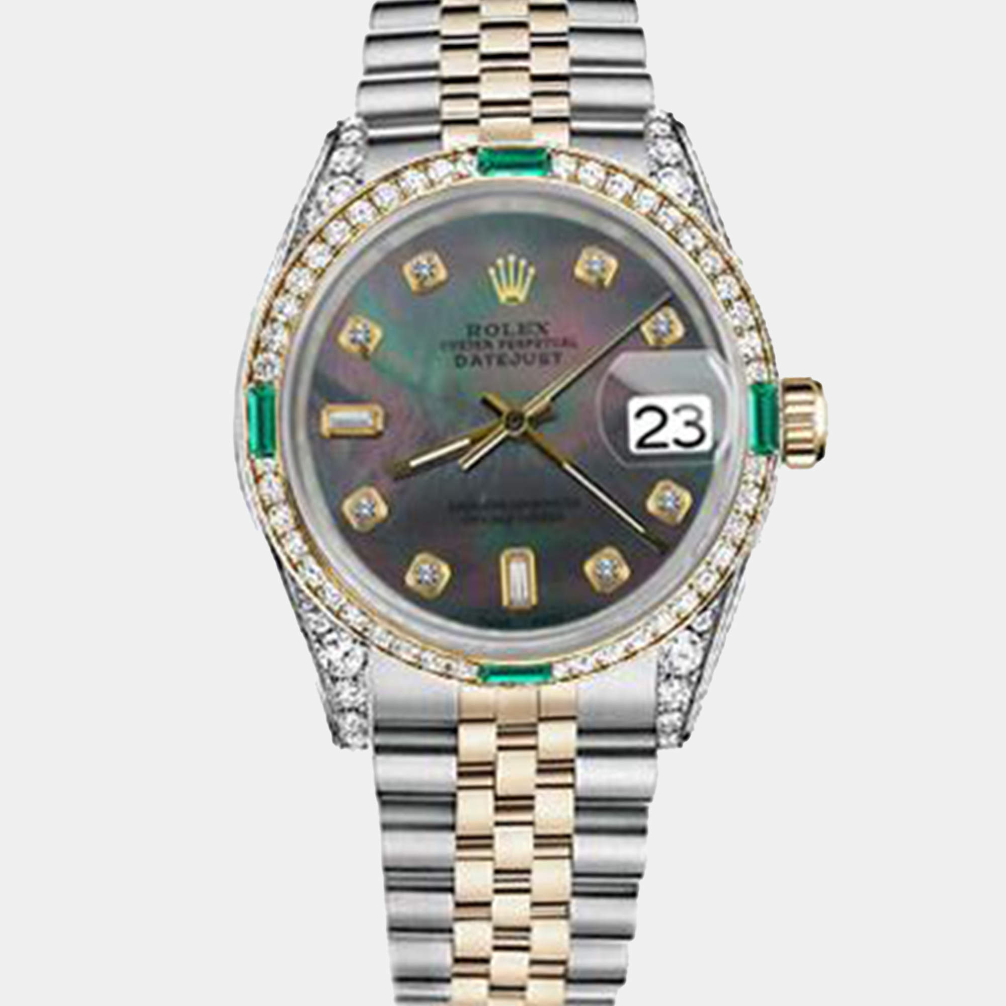 Rolex Customised Black MOP Diamond 18K Yellow Gold Stainless Steel Datejust 16013 Automatic Men's Wristwatch 36mm