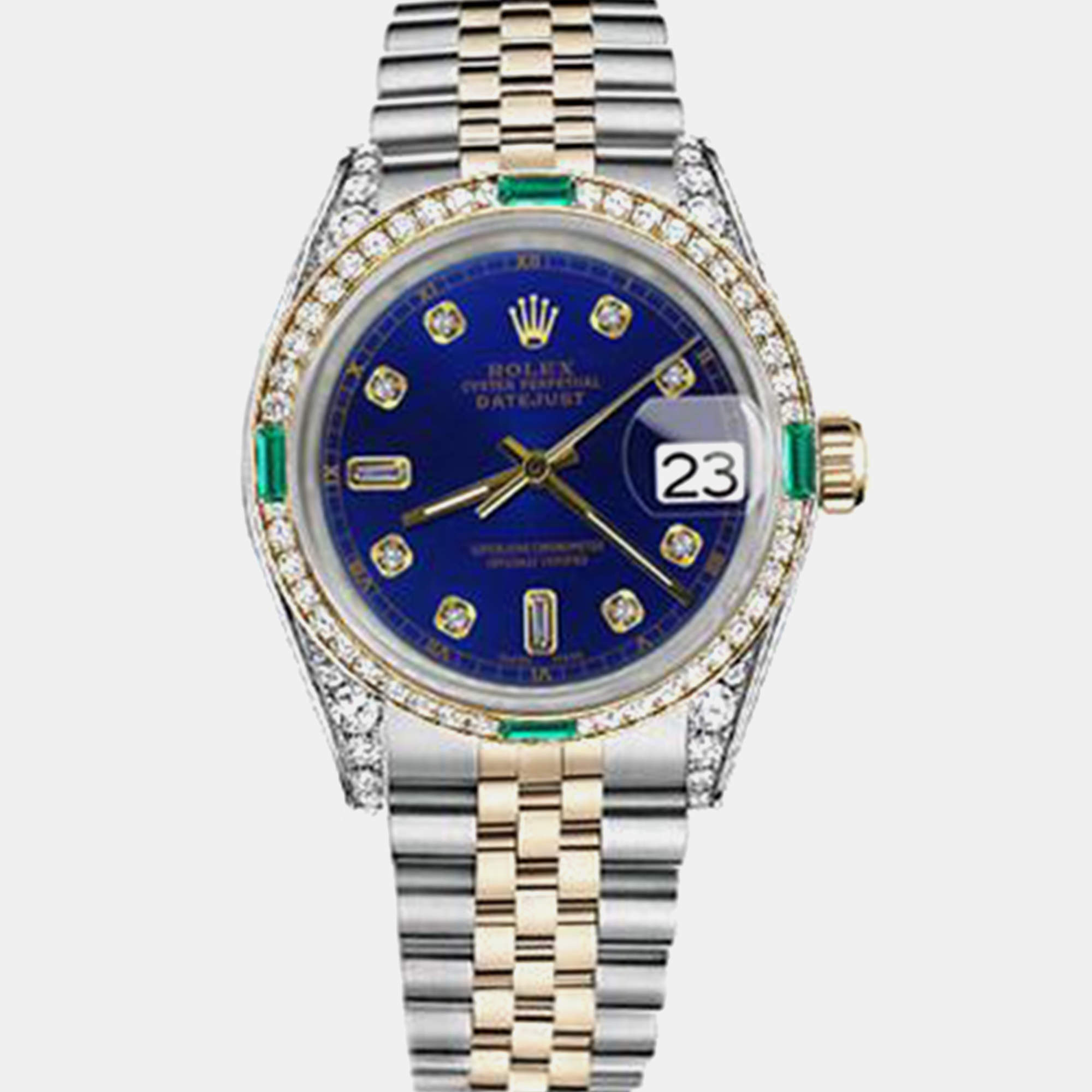 Rolex Customised Blue Diamond 18K Yellow Gold Stainless Steel Datejust 16013 Automatic Men's Wristwatch 36mm