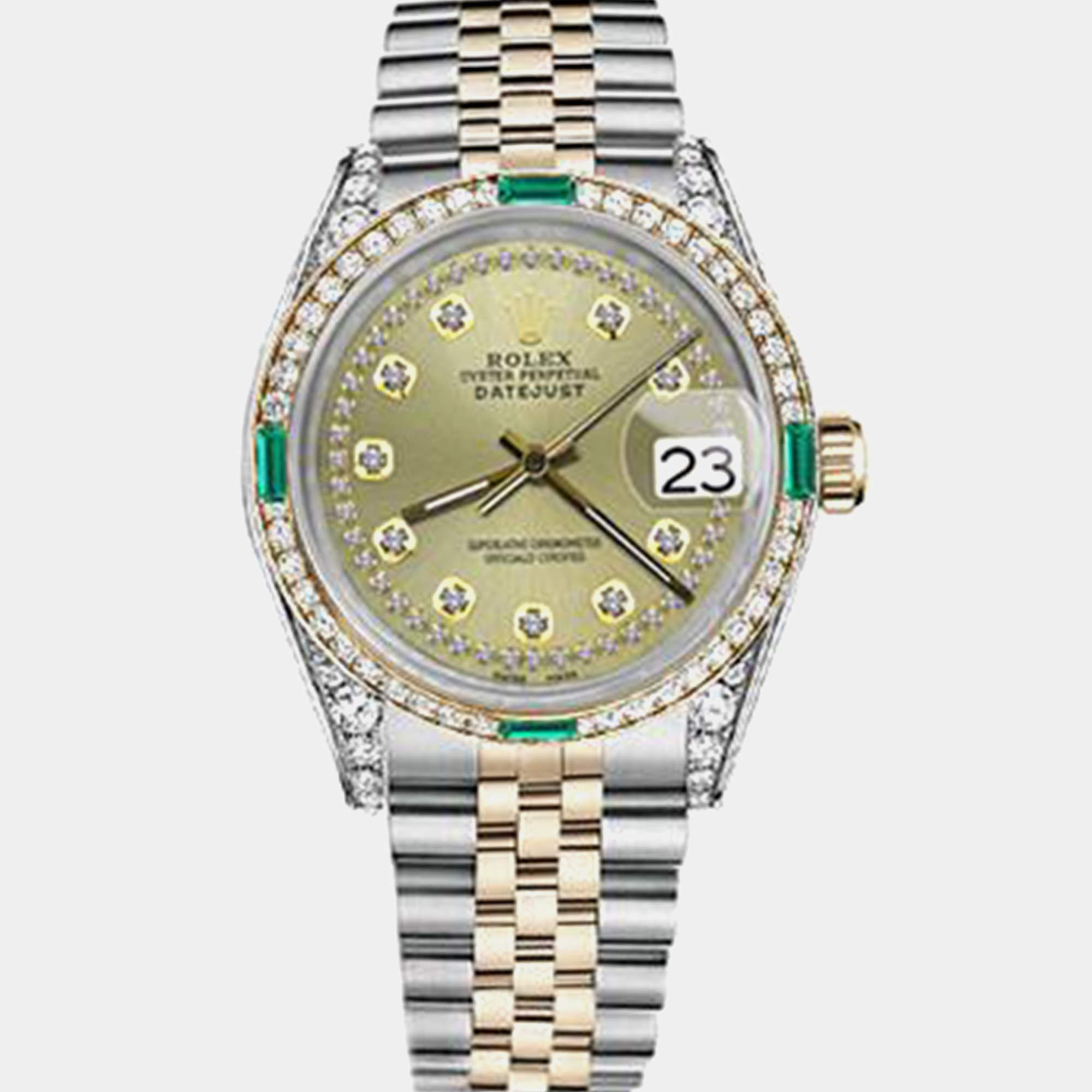 Rolex Customised Champagne Diamond 18K Yellow Gold Stainless Steel Datejust 16013 Automatic Men's Wristwatch 36mm