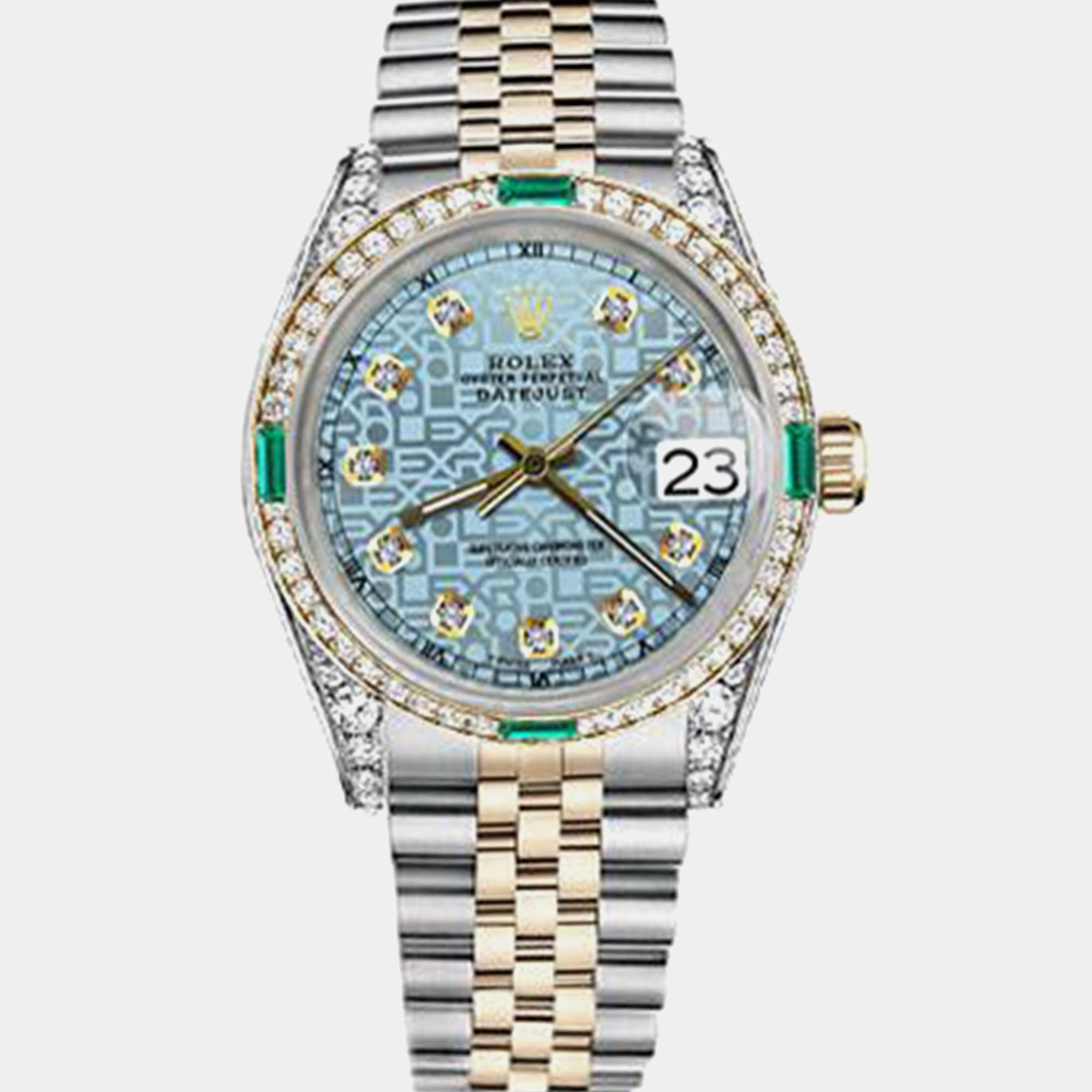 Rolex Customised Ice Blue Diamond 18K Yellow Gold Stainless Steel Datejust 16013 Automatic Men's Wristwatch 36mm