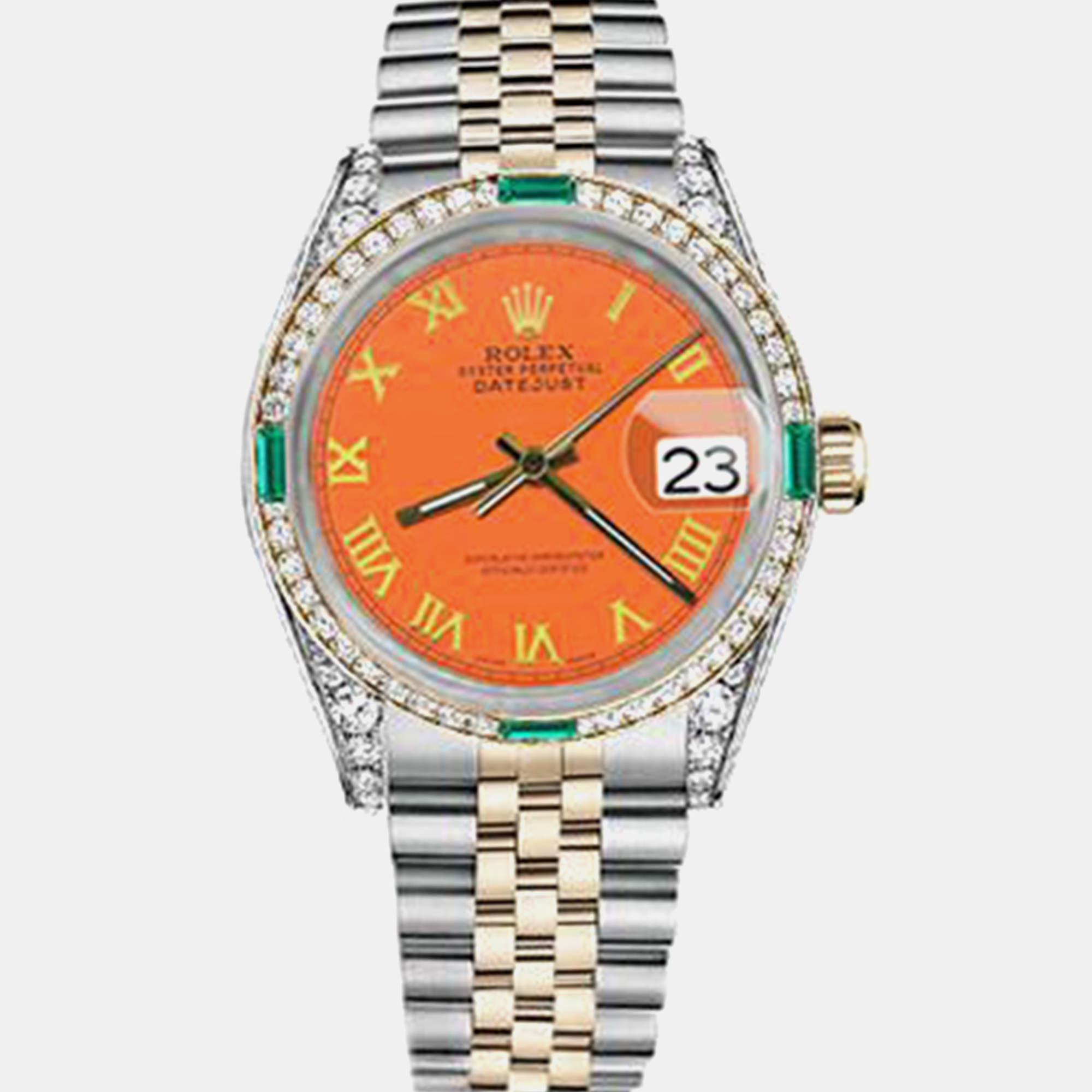 Rolex Customised Orange Diamond 18K Yellow Gold Stainless Steel Datejust 16013 Automatic Men's Wristwatch 36mm