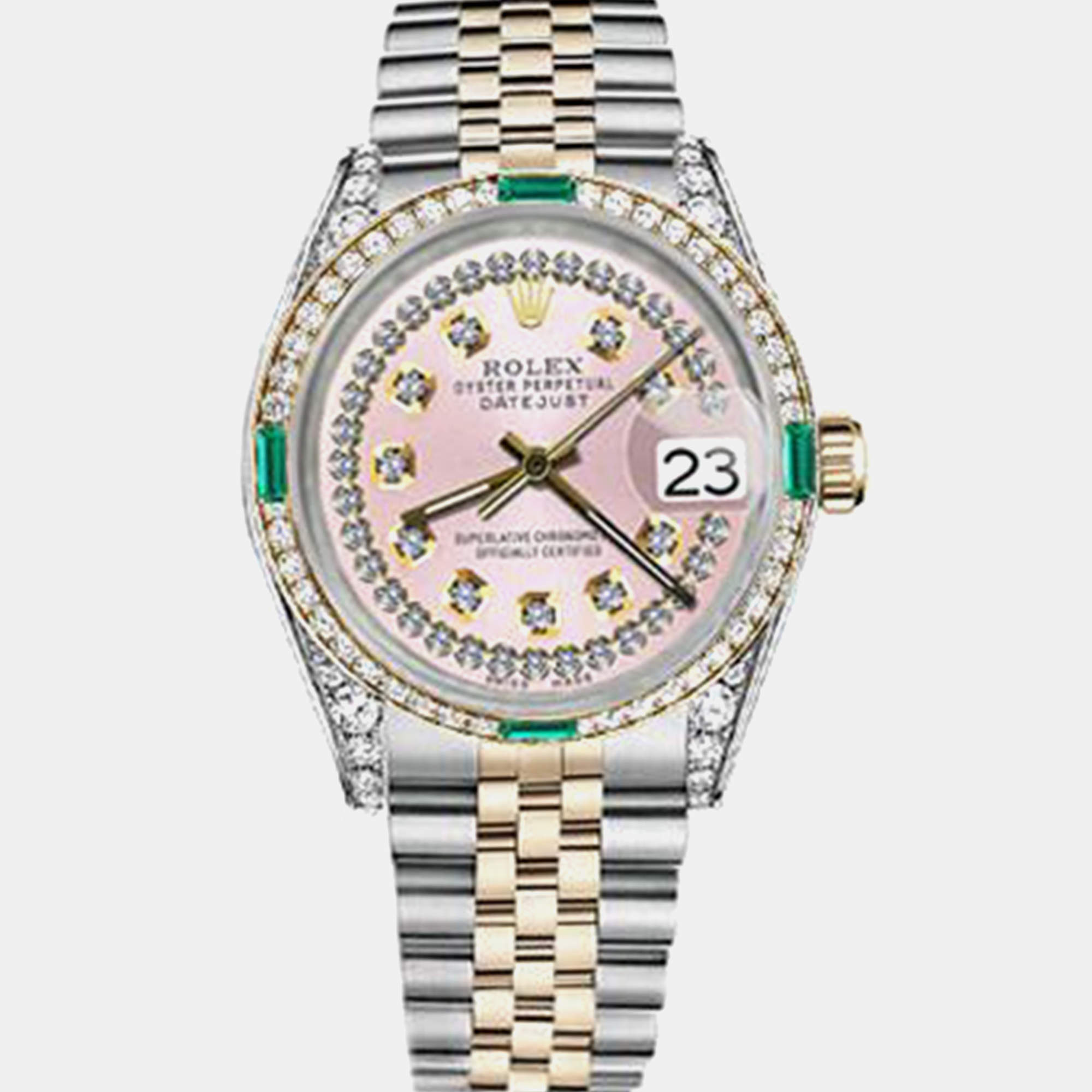 Rolex Customised Pink Diamond 18K Yellow Gold Stainless Steel Datejust 16013 Automatic Men's Wristwatch 36mm