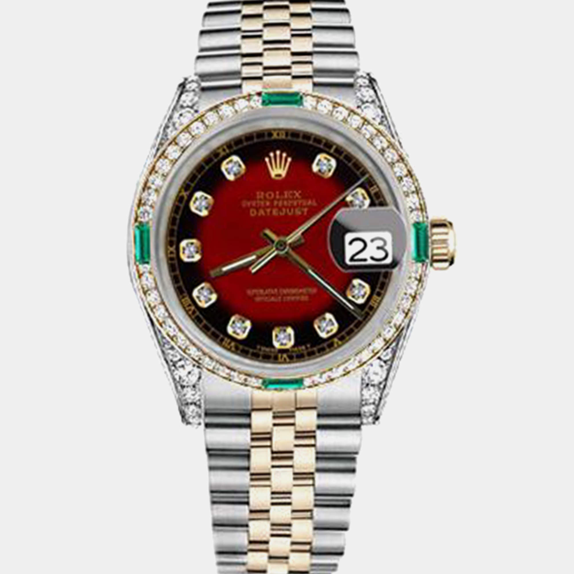 Rolex Customised Red Vignette Diamond 18K Yellow Gold Stainless Steel Datejust 16013 Automatic Men's Wristwatch 36mm