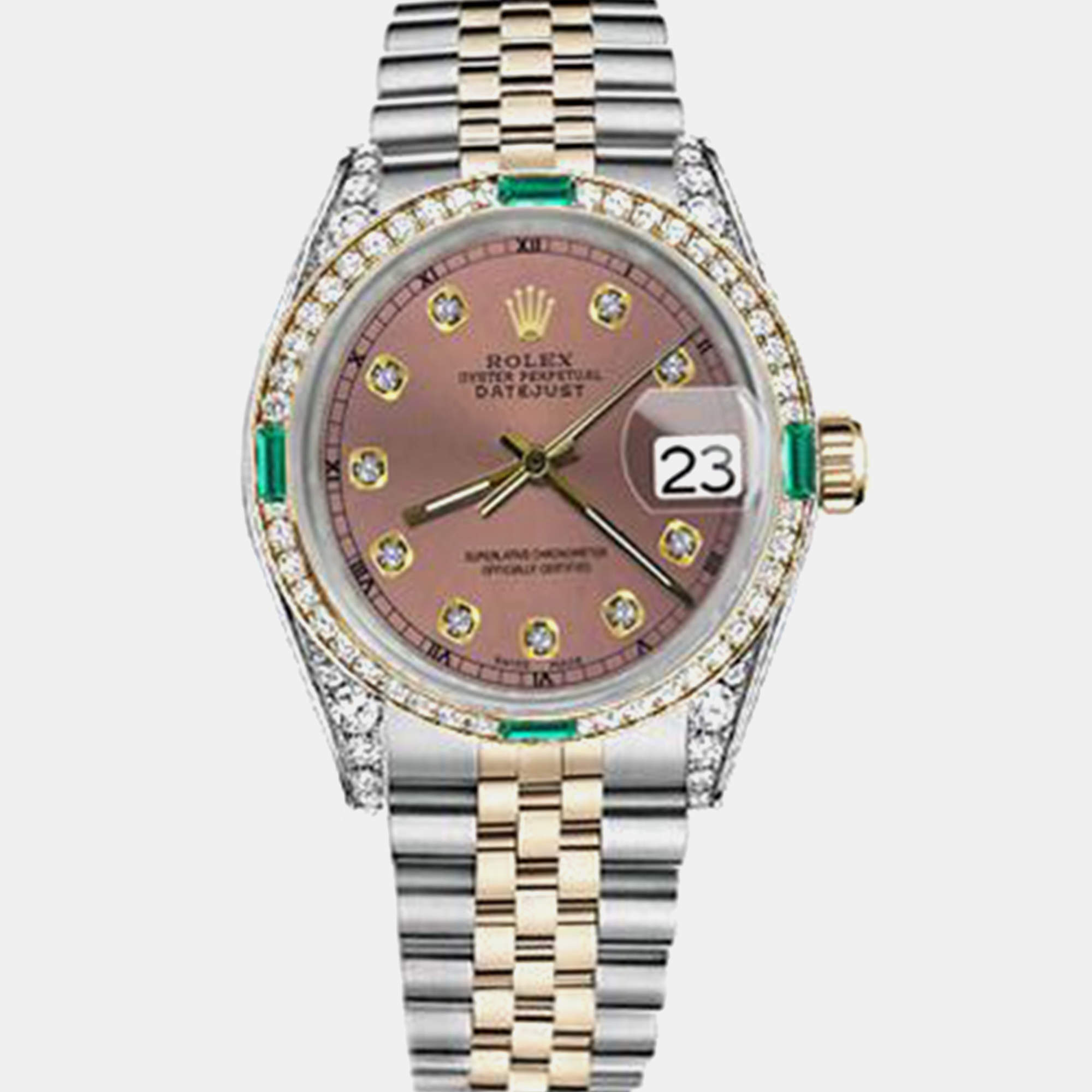 Rolex Customised Salmon Diamond 18K Yellow Gold Stainless Steel Datejust 16013 Automatic Men's Wristwatch 36mm