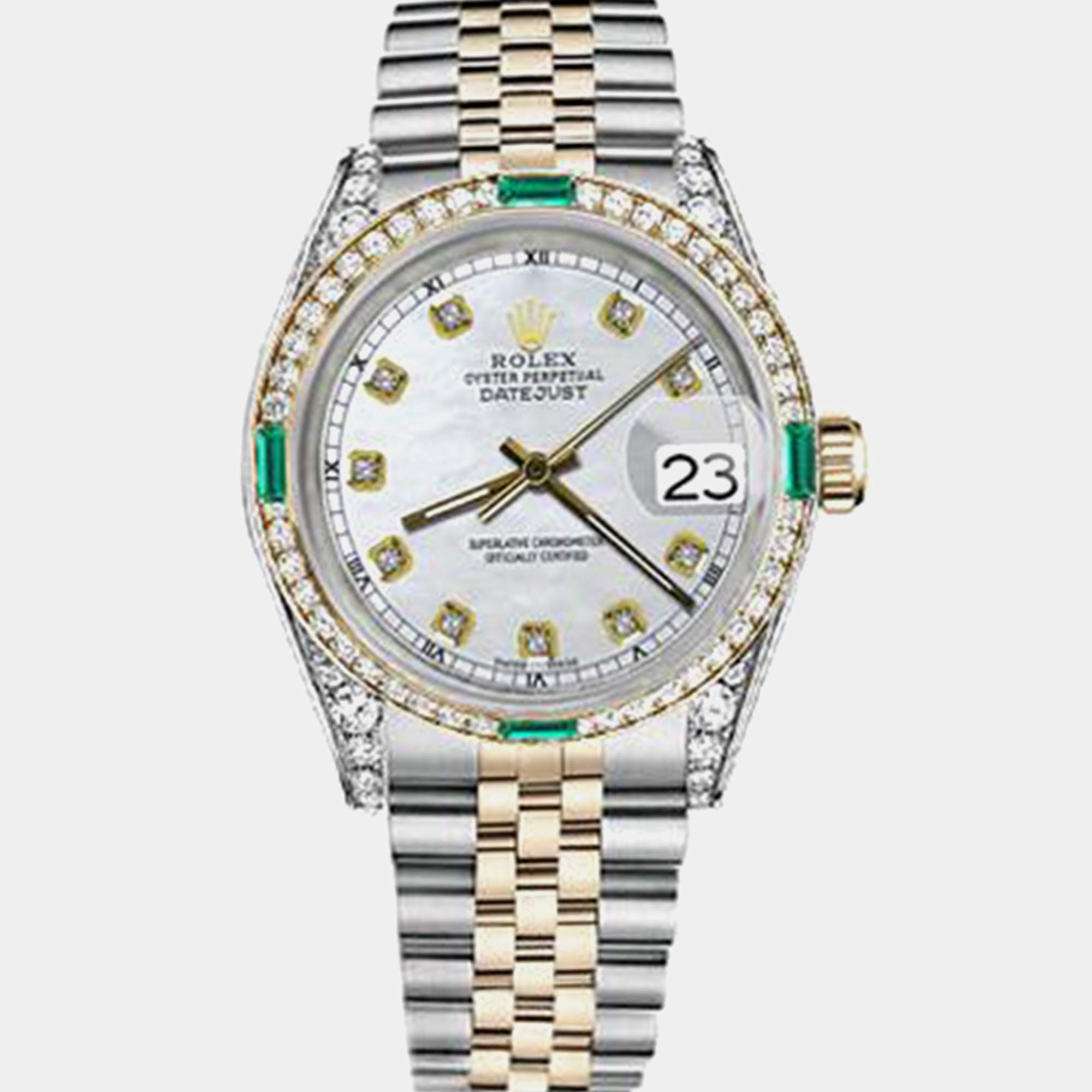 Rolex Customised White MOP Diamond 18K Yellow Gold Stainless Steel Datejust 16013 Automatic Men's Wristwatch 36mm