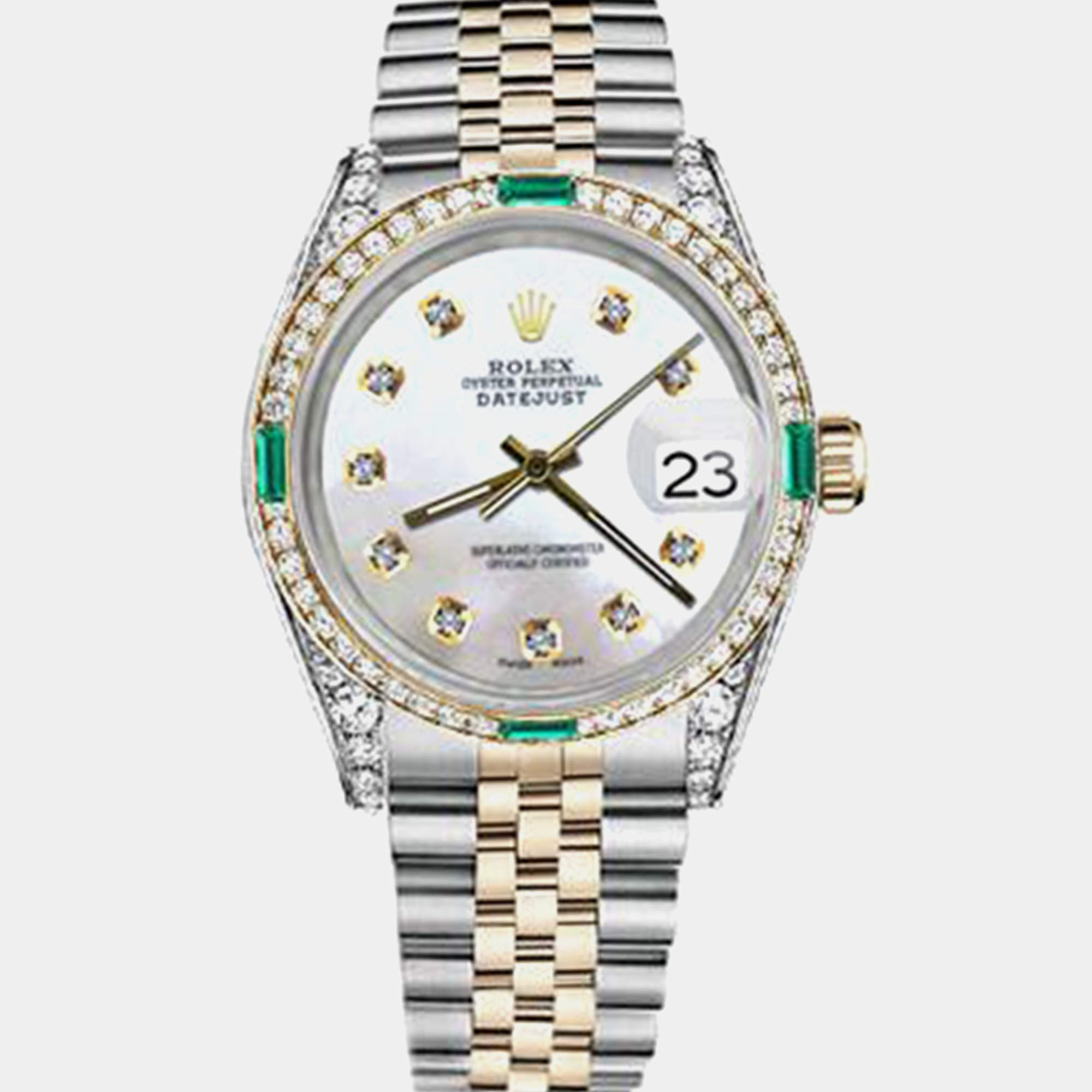 Rolex Customised White MOP Diamond 18K Yellow Gold Stainless Steel Datejust 16013 Automatic Men's Wristwatch 36mm