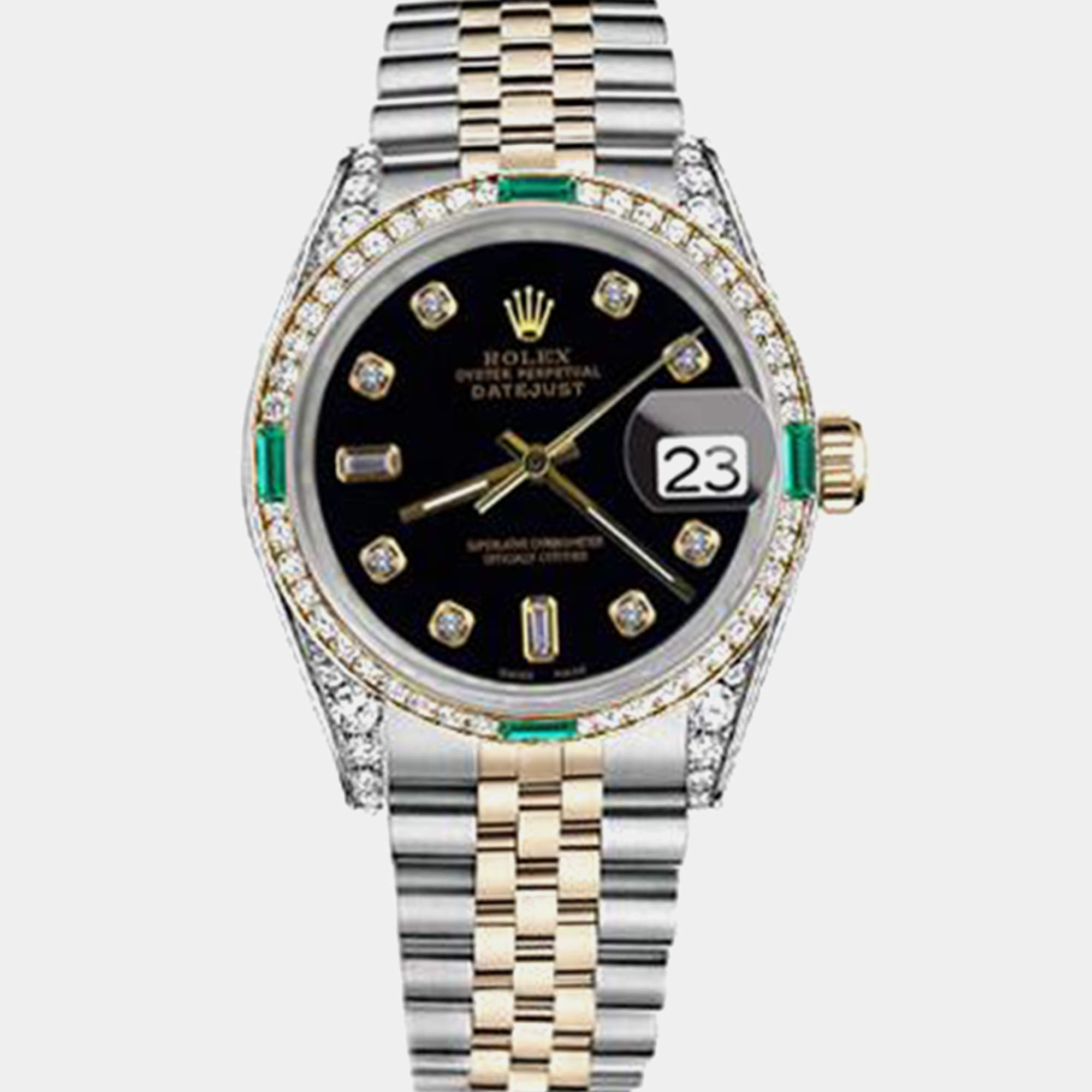 Rolex Customised Black Diamond 18K Yellow Gold Stainless Steel Datejust 16013 Automatic Men's Wristwatch 36mm